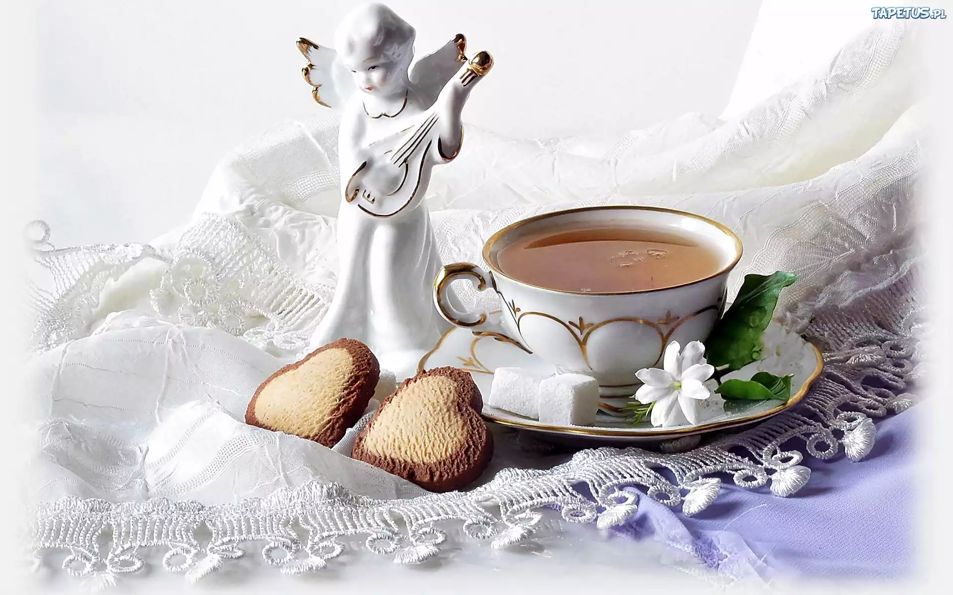 Herbata, Ciasteczka, Kwiatek, Porcelana, Figurka, Aniołka