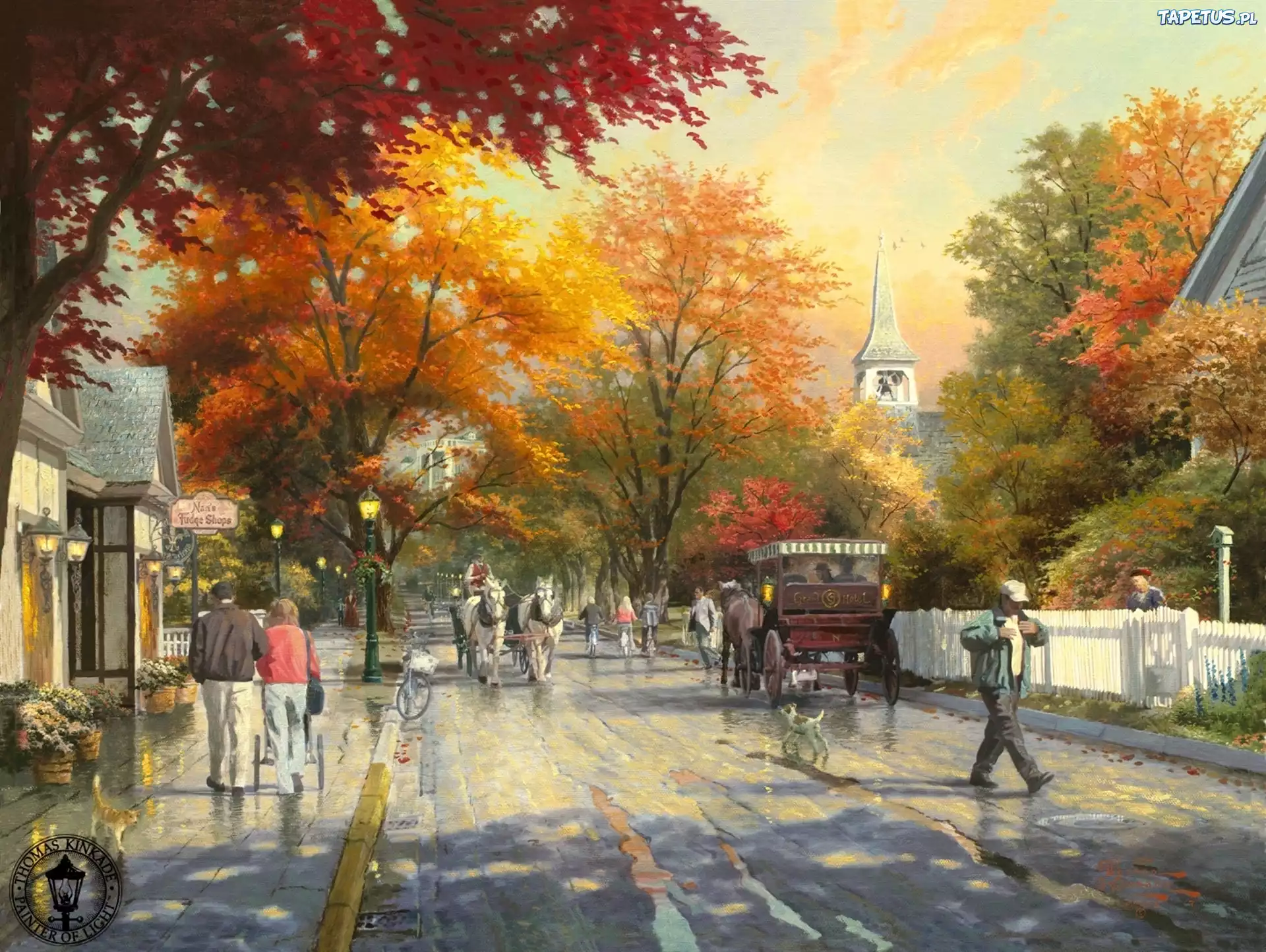 Obraz, Thomas Kinkade, Ulica, Konie, Dorożki, Przechodnie