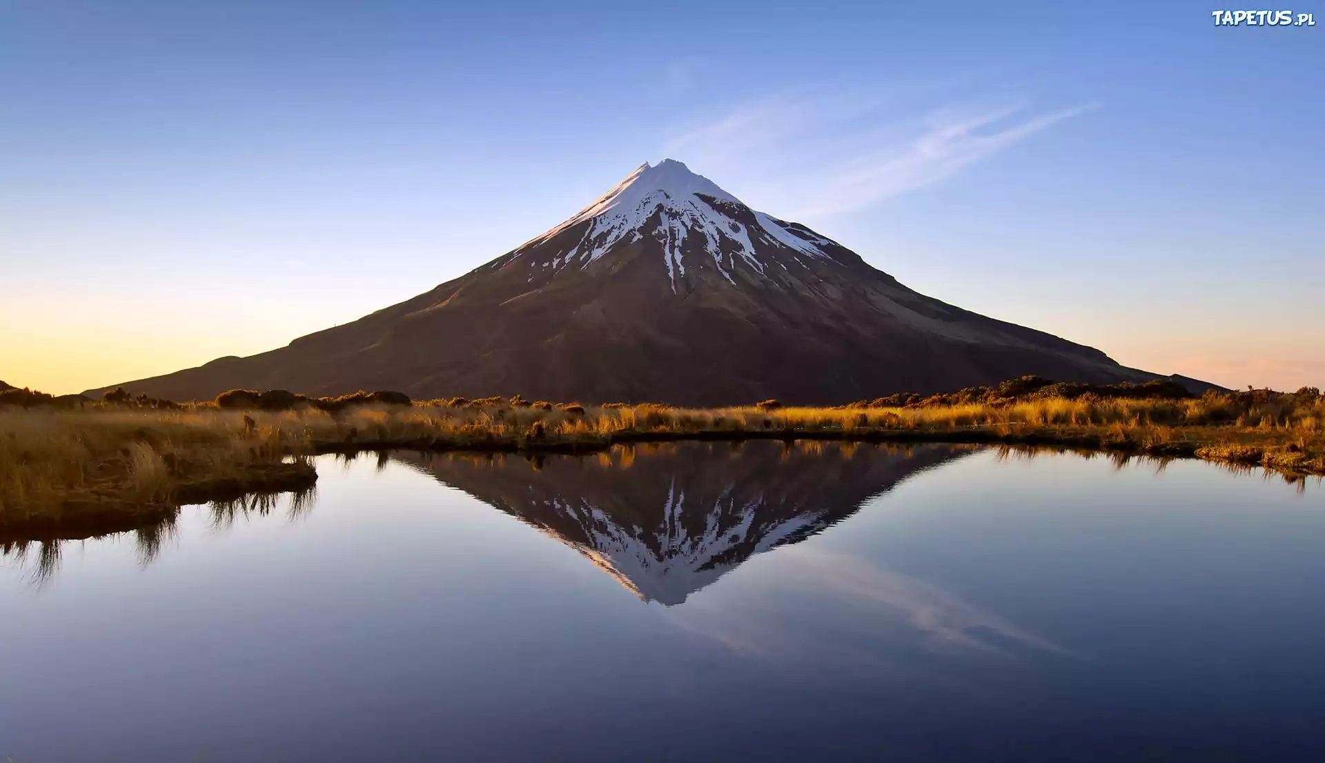 Jezioro, Łąka, Góra, Taranaki, Odbicie, Jesień