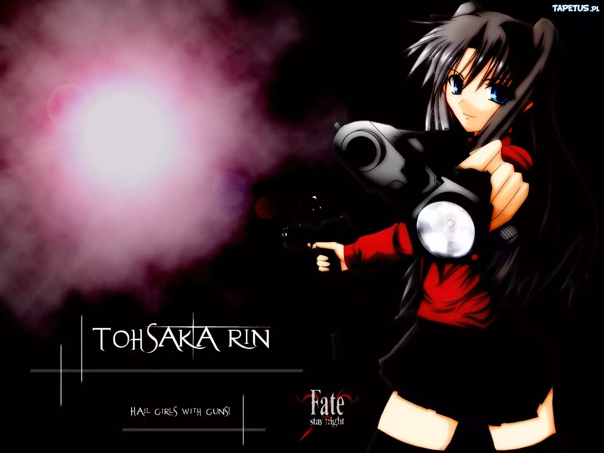 Fate Stay Night, dziewczna, pistolet, napis, dym