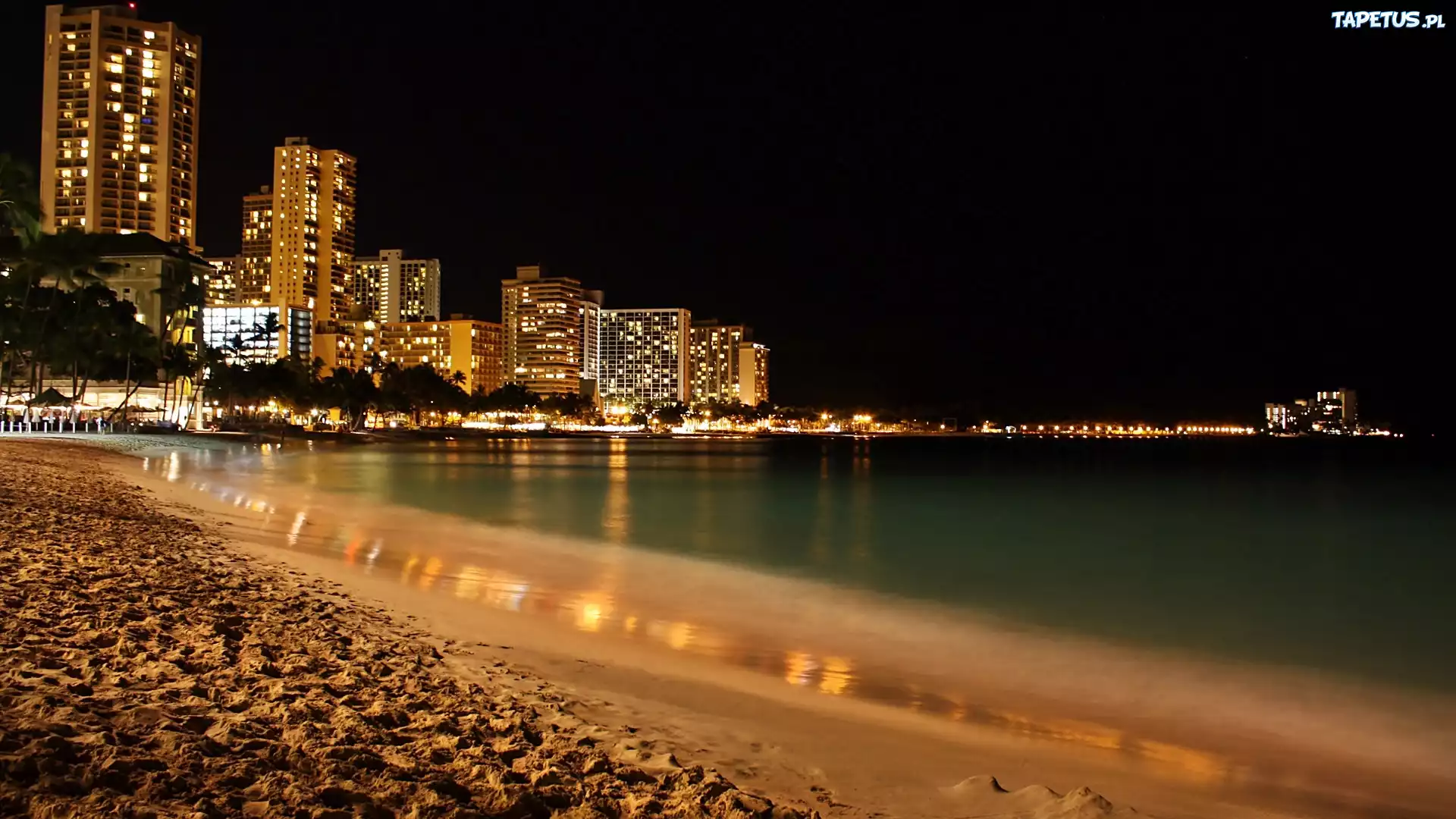 Honolulu, Nocą, Plaża, Waikiki