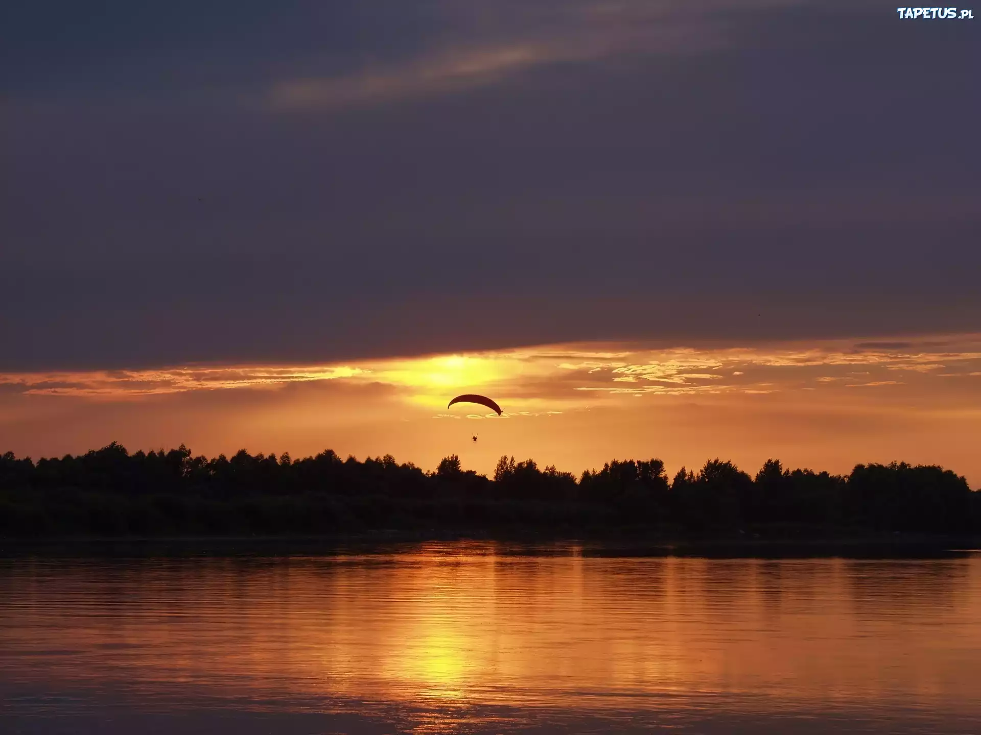 Zachód, Słońca, Jezioro, Lotniarz