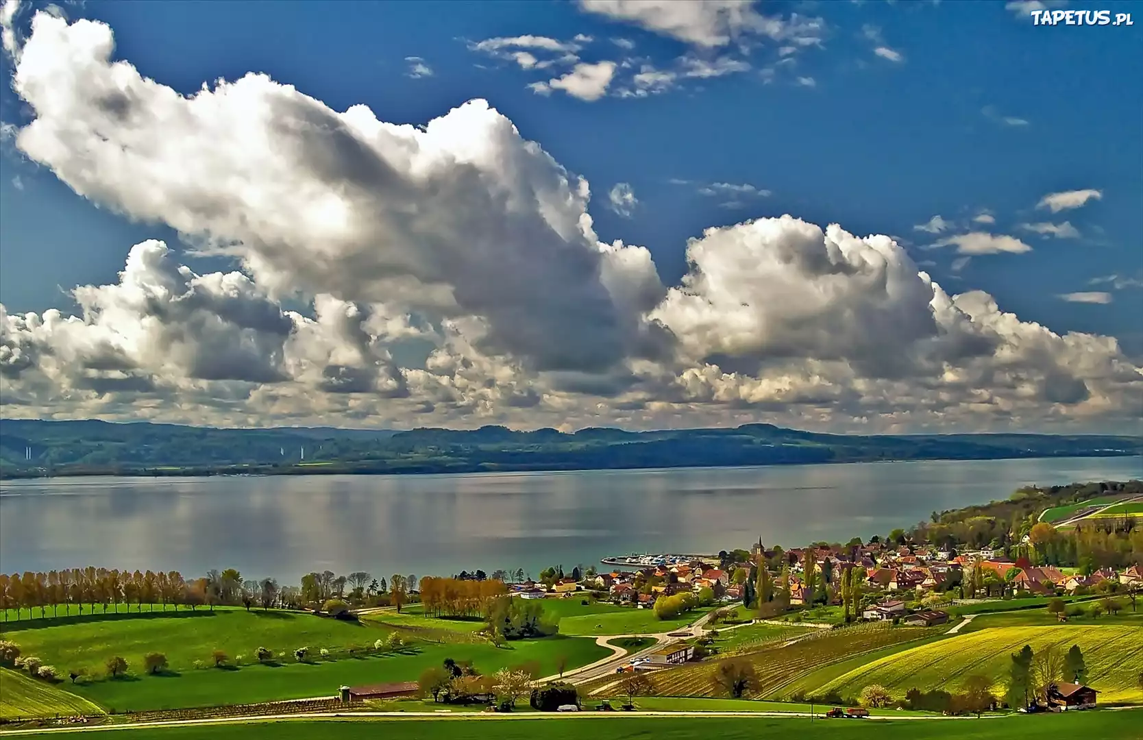 Panorama, Miasteczka, Neuchatel, Jezioro, Łąki