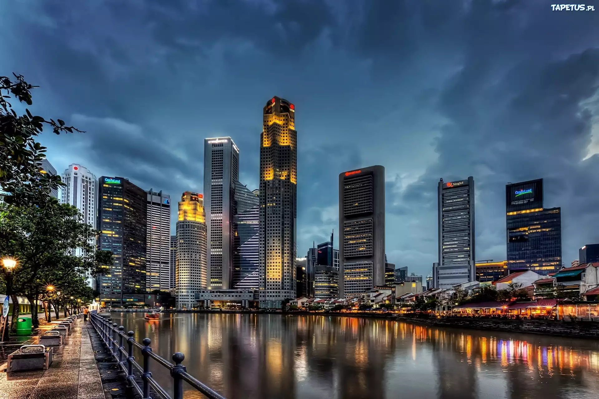 Singapur, Wieżowce, Miasto, Zmrok