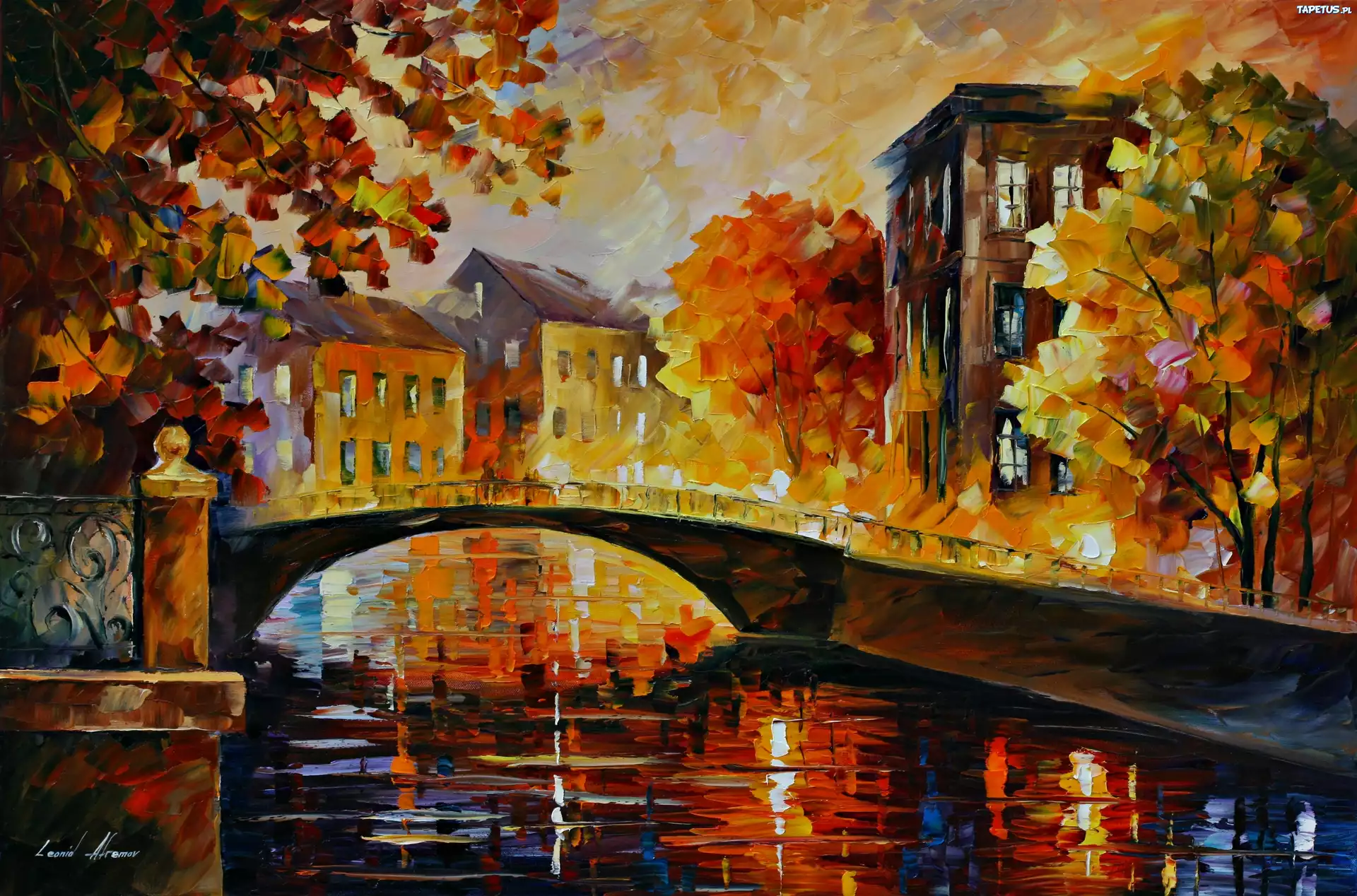 Rzeka, Most, Leonid Afremov, Obraz, Olej