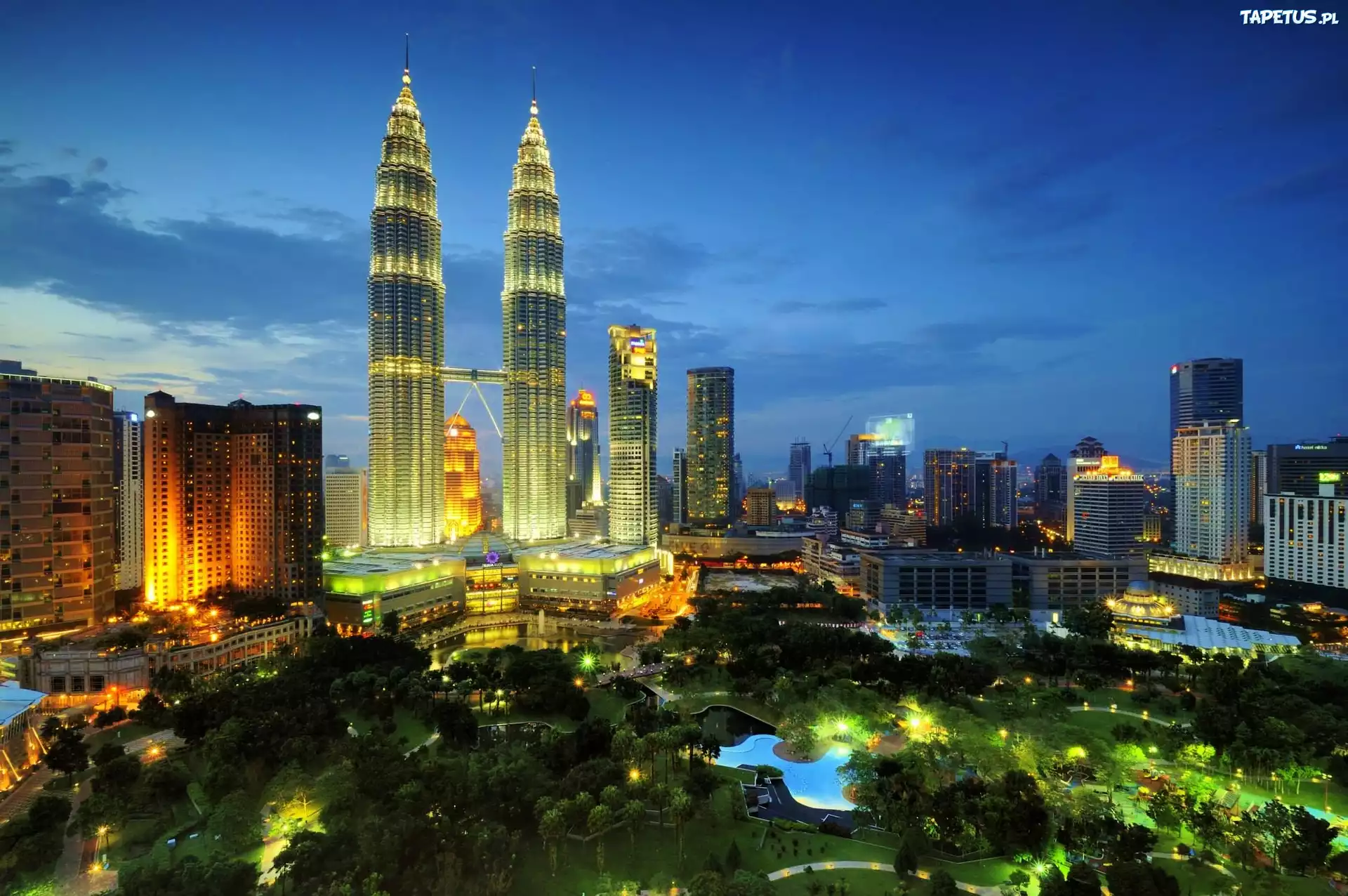 Petronas, Towers, Oświetlenie, Noc
