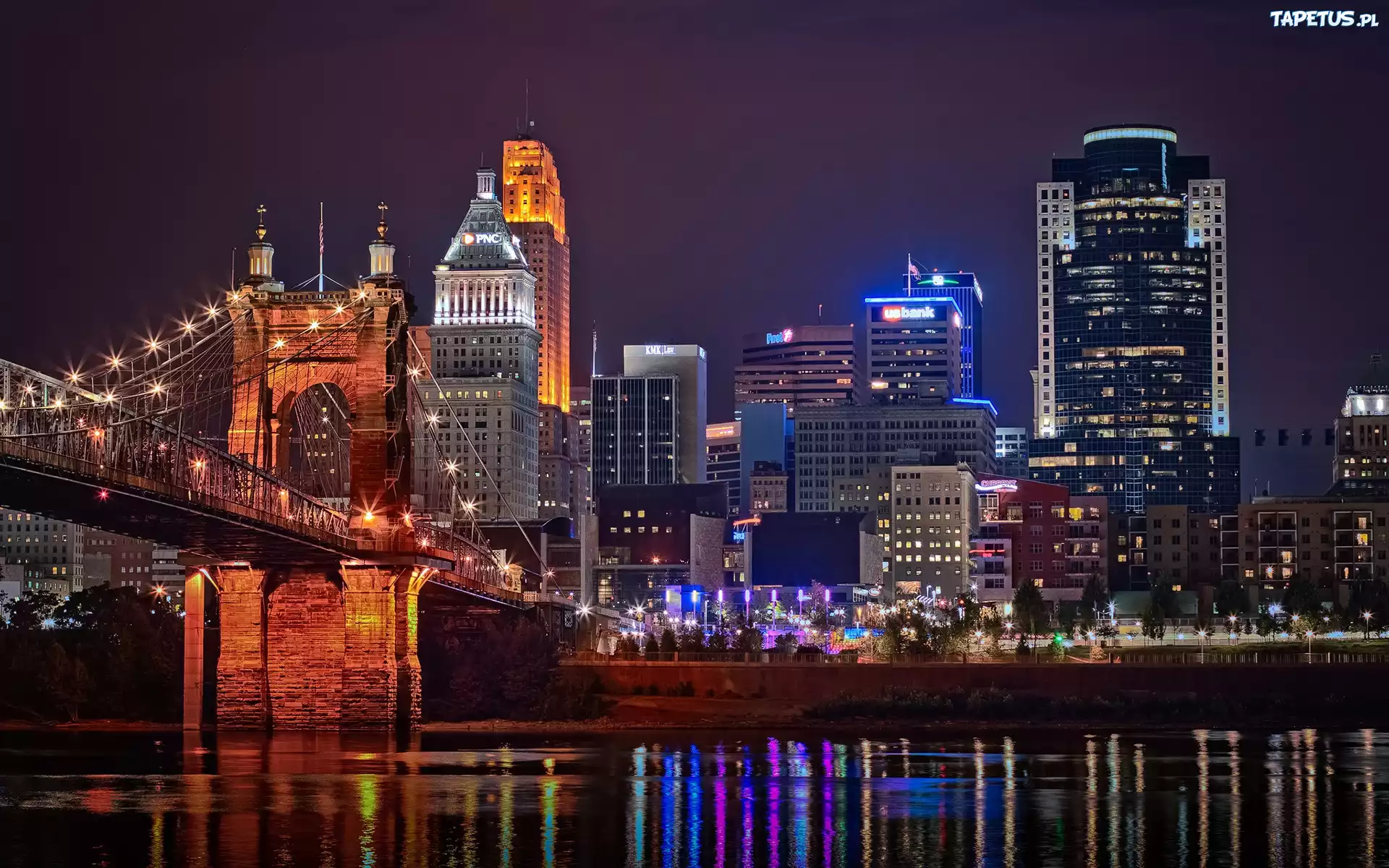 Stany Zjednoczone, Cincinnati, Miasto, Noc, Rzeka, Most