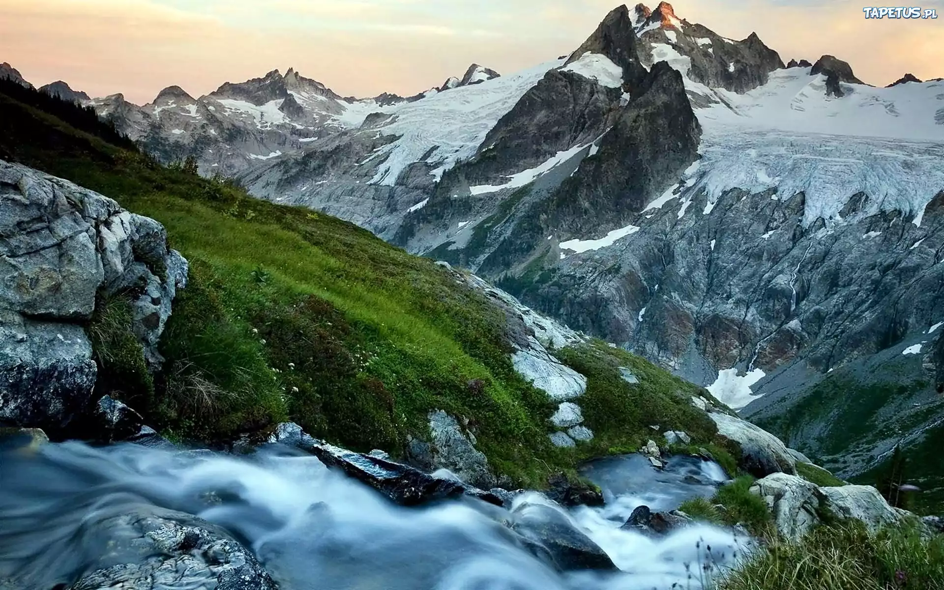 Patagonia, Góry, Lodowiec, Kanion, Łąka, Potok