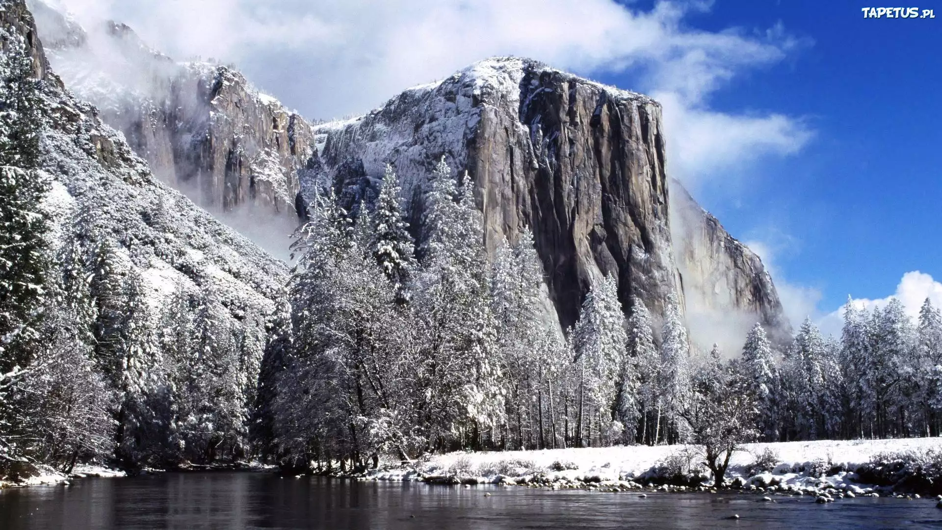 Góry, Rzeka, Drzewa, Zima, El Capitan, Yosemite, Kalifornia