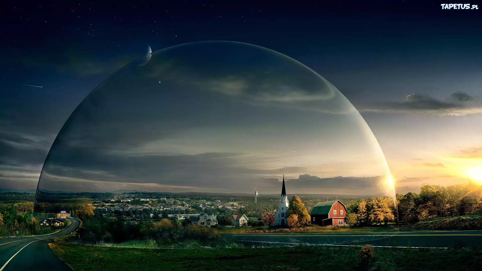Fantasy, Miasto, Kościół, Promienie, Słońca
