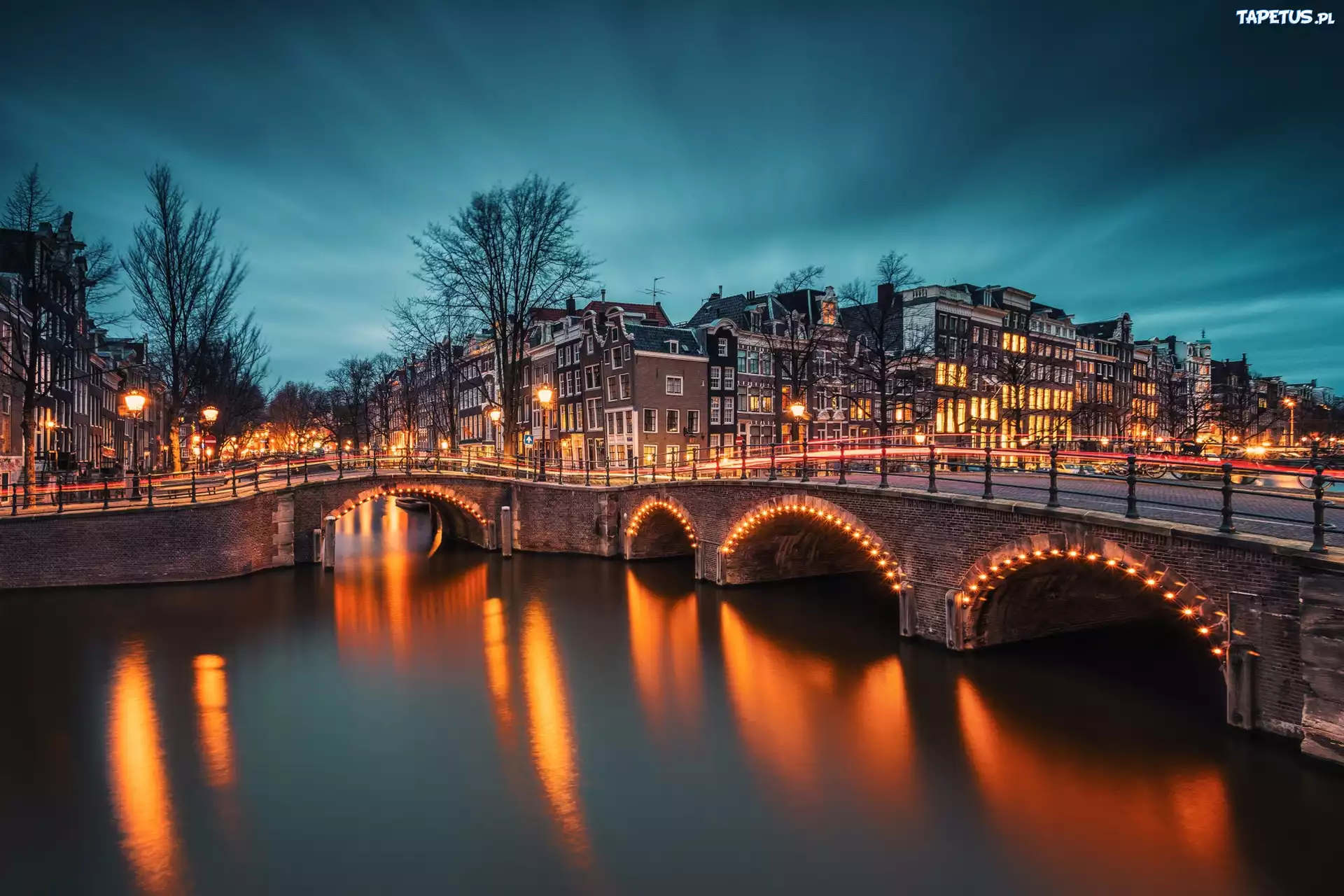 Amsterdam, Kanały, Noc, Światła, Most, Odbicie