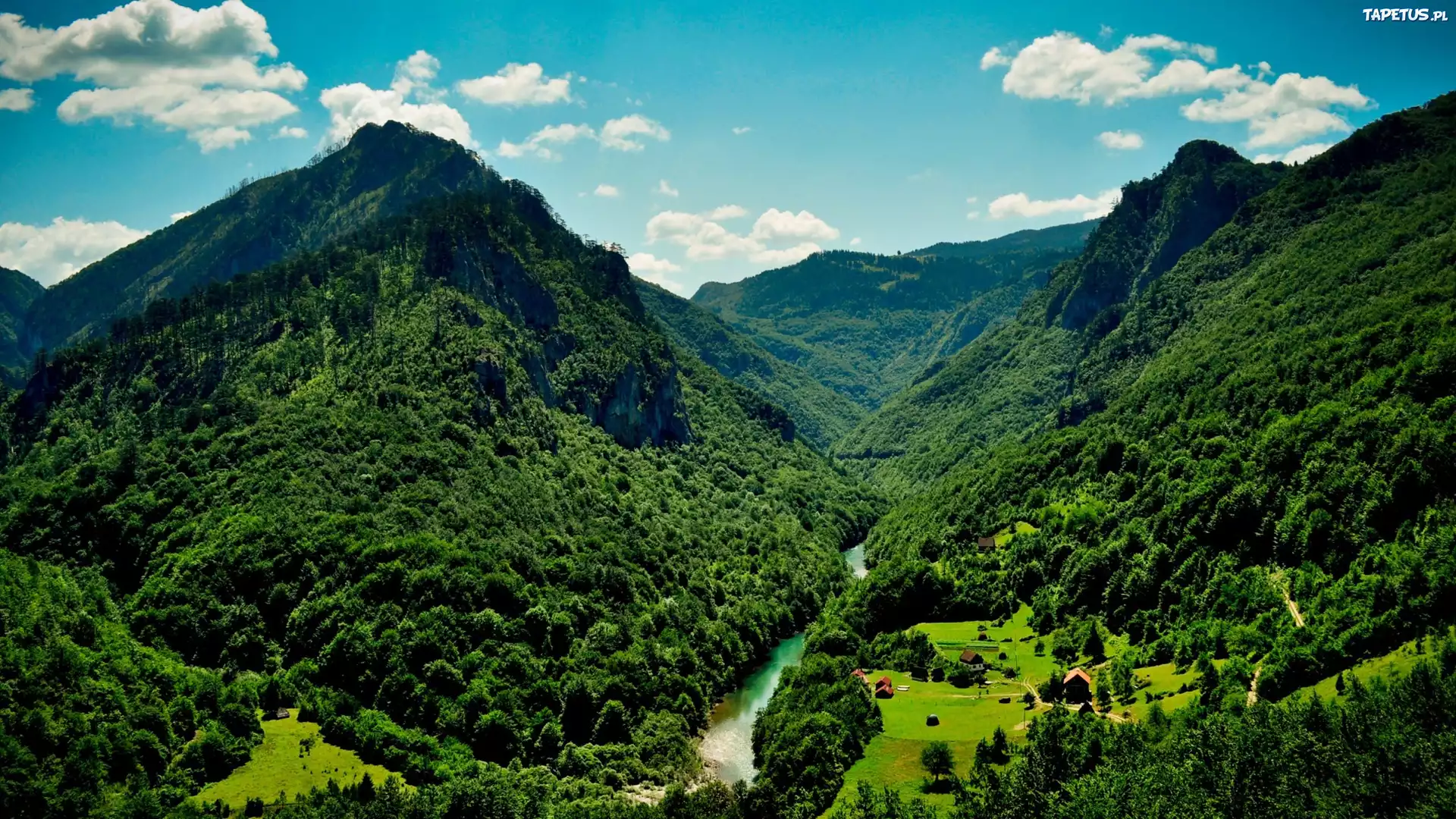 Góry, Las, Rzeka, Domy