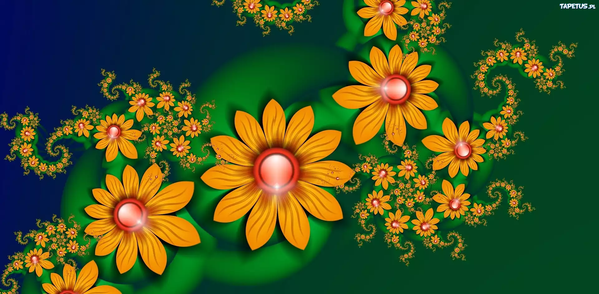 Pomarańczowe, Kwiaty, Zielone, Tło, Grafika, 3D