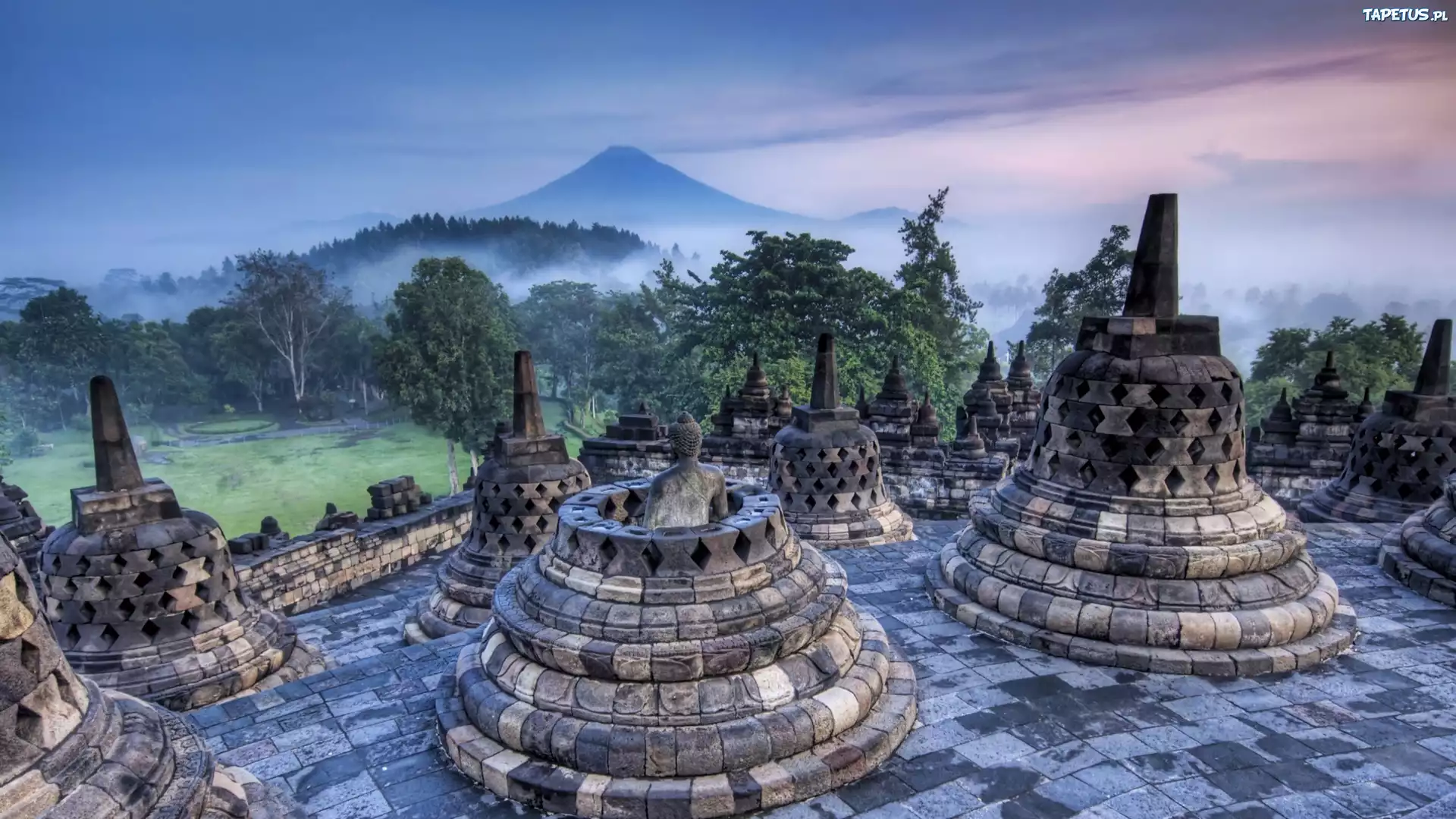 Indonezja, Pałac, Borobudur, Posągi, Dżungla, Góra, Mgła