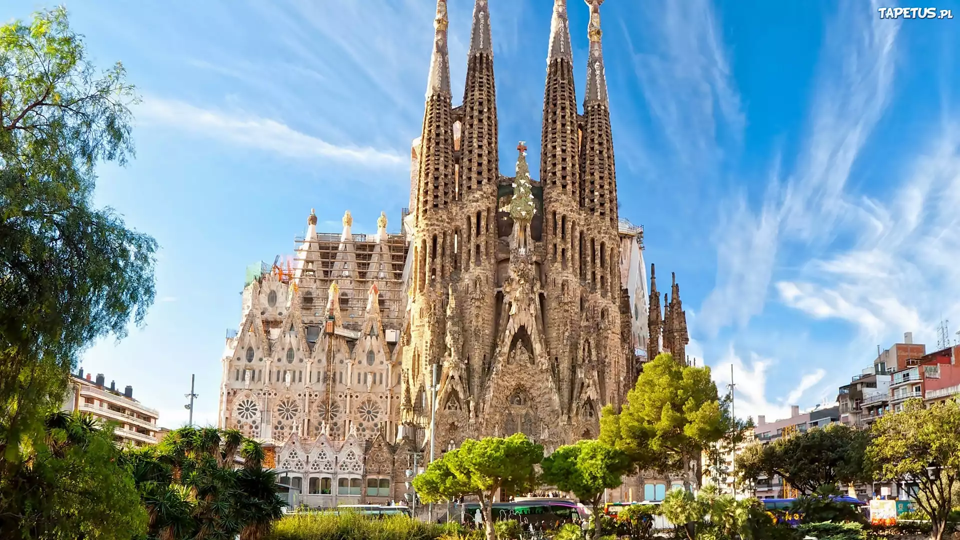 Kościół, Sagrada, Familia, Domy, Drzewa