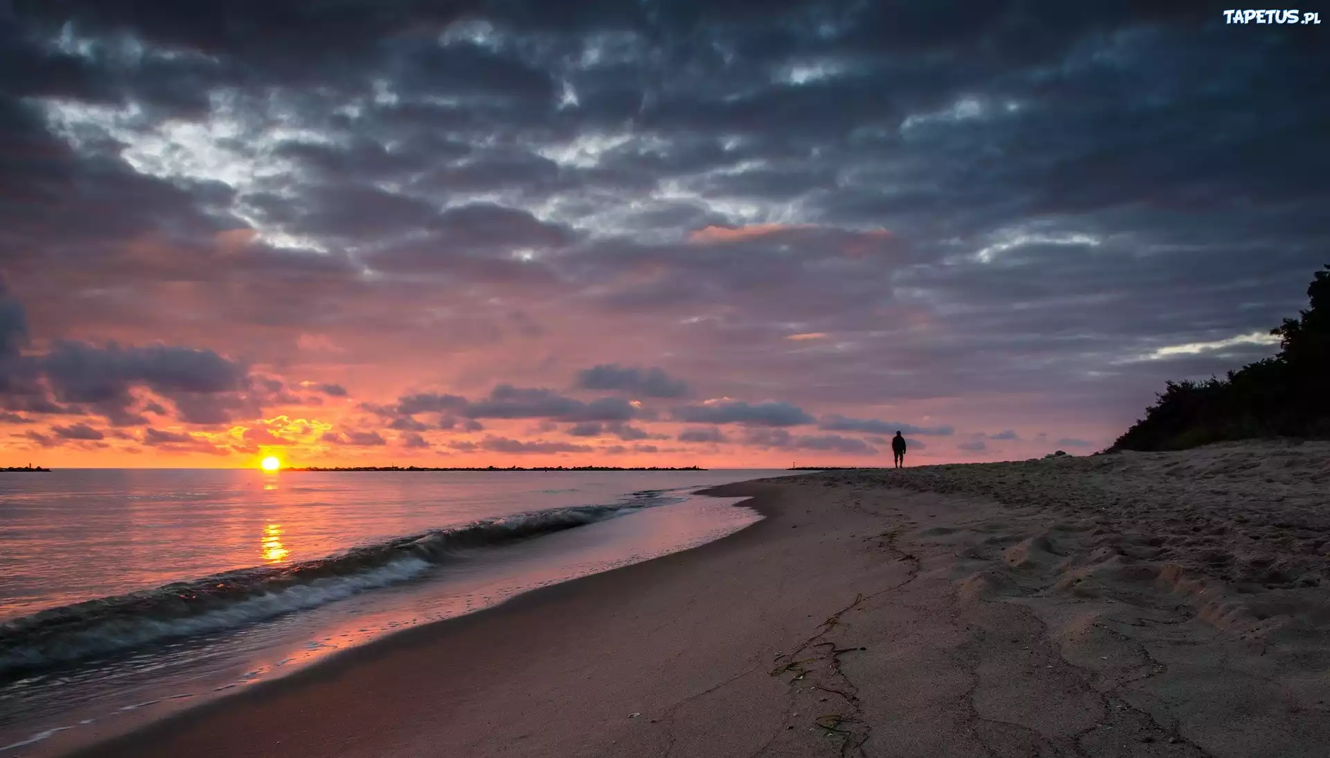 Morze, Plaża, Chmury, Zachód, Słońca