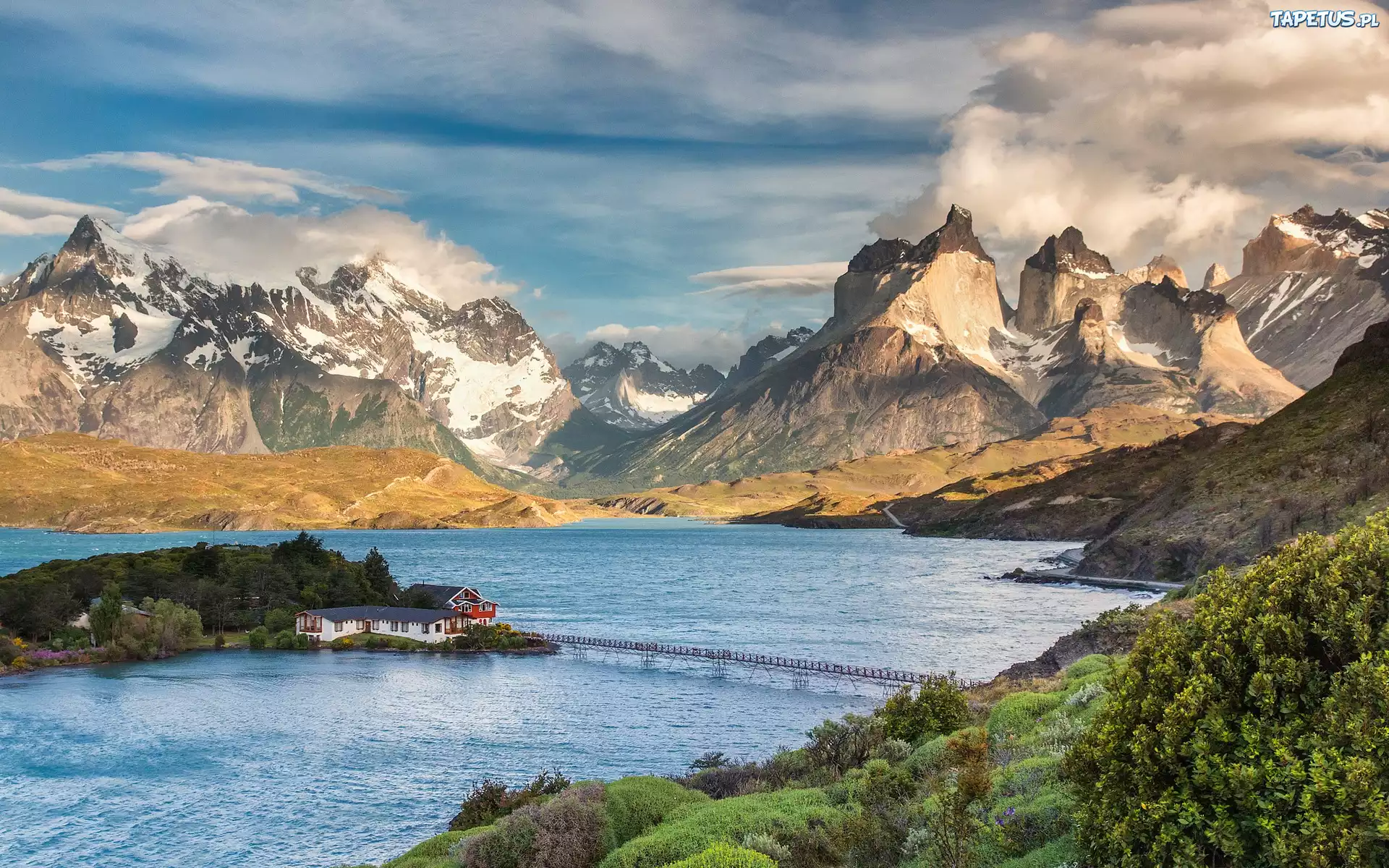 Jezioro, Wyspa, Domy, Most, Góry, Patagonia, Chile