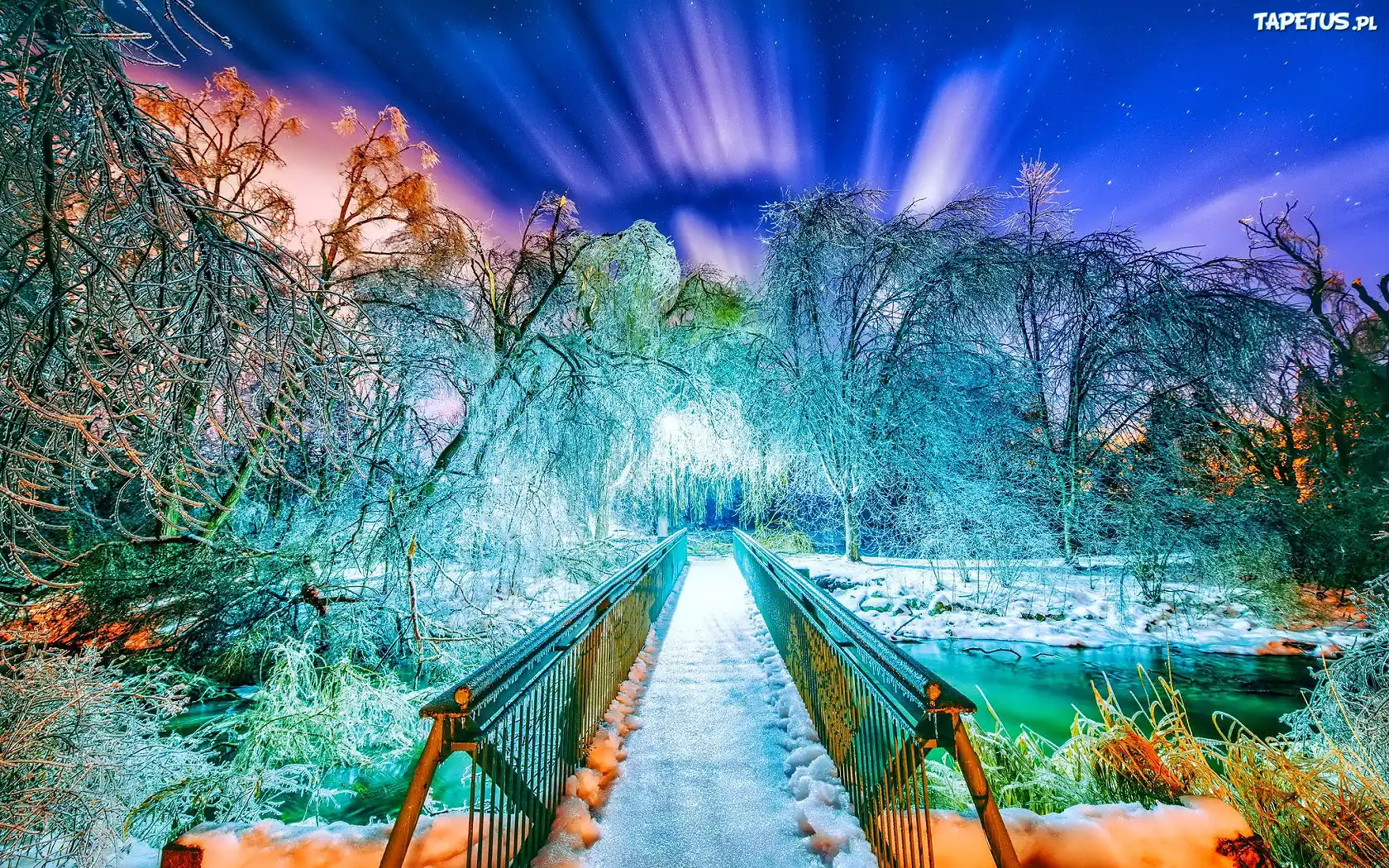 Fantasy, Most, Rzeka, Drzewa, Śnieg, Zorza