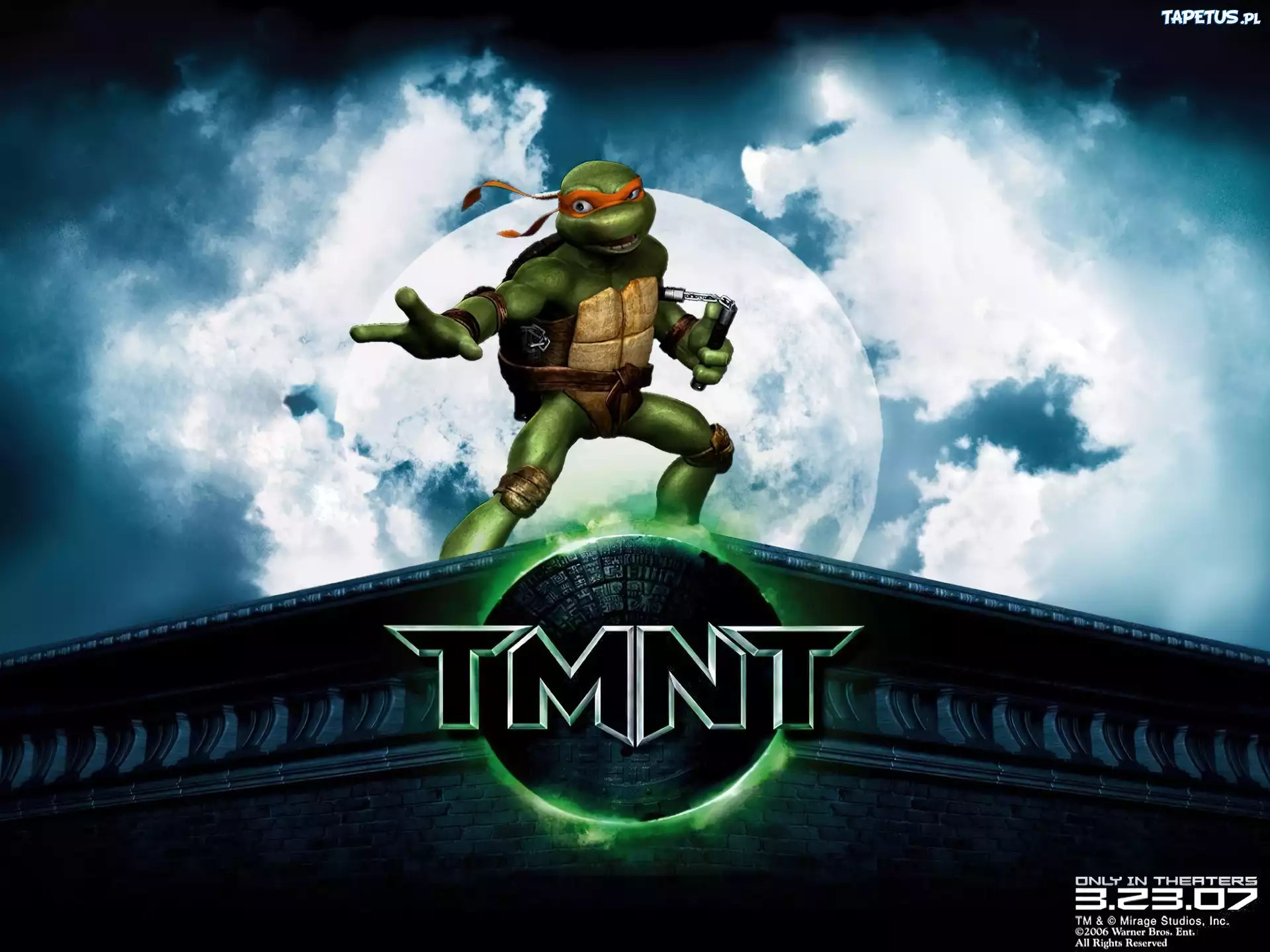 Teenage Mutant Ninja Turtles, Wojownicze Zółwie Ninja, dach, księżyc, nunchaku