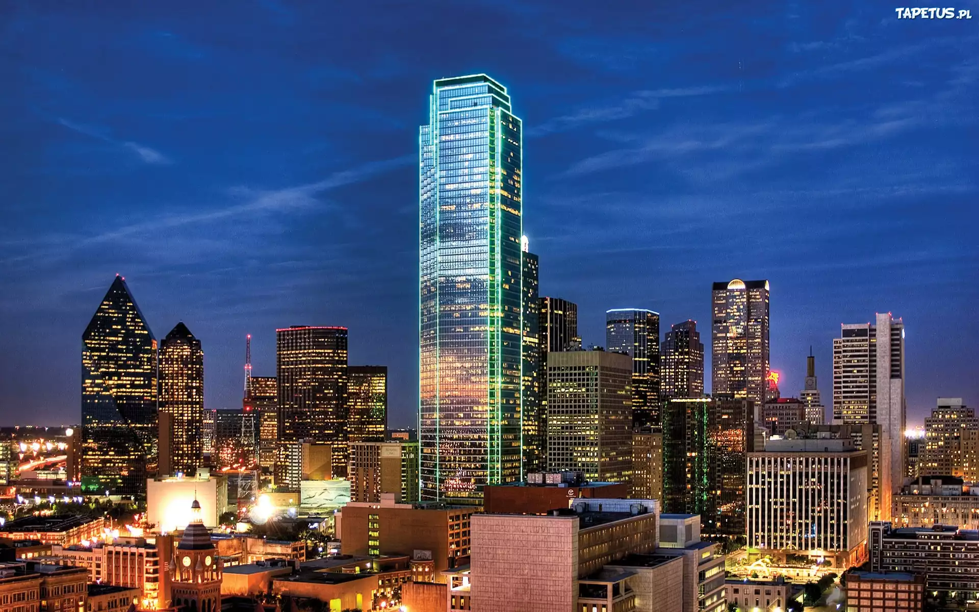 Drapacze, Chmur, Noc, Dallas, Texas, Panorama, Miasta