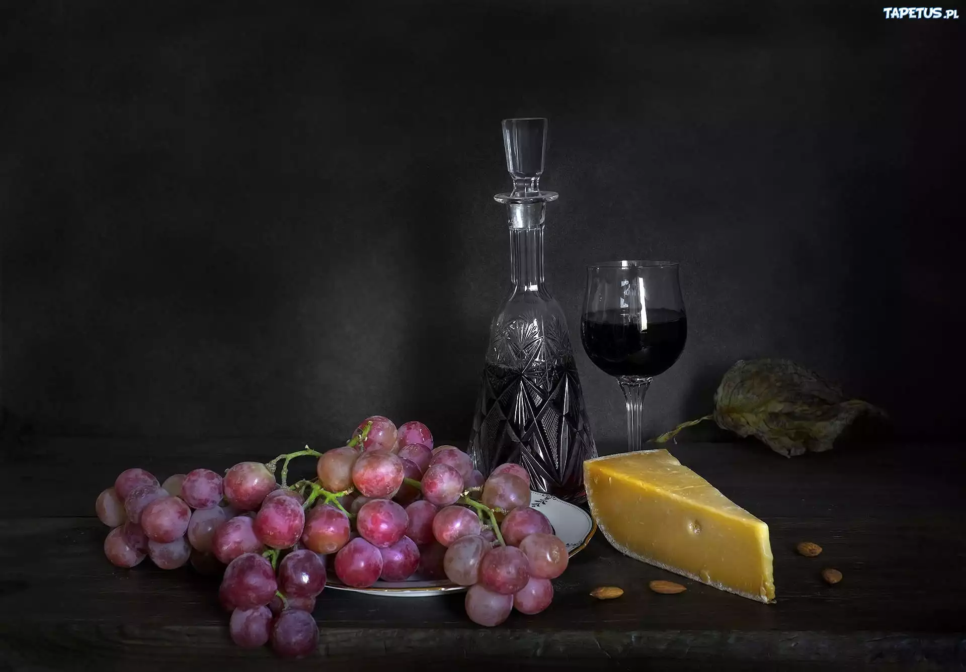 Kompozycja, Ser, Winogrona, Karafka, Kieliszek, Wino