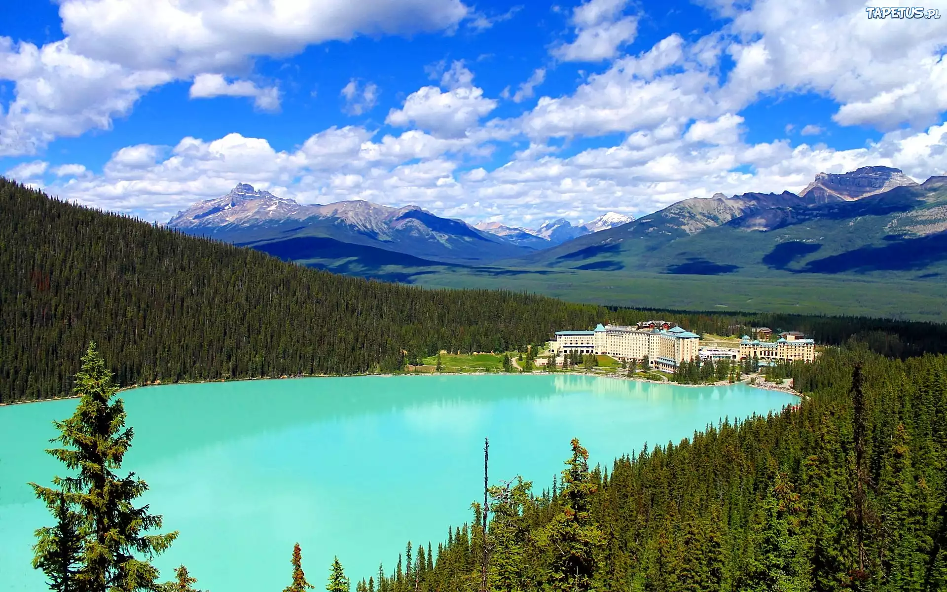 Kanada, Alberta, Park Narodowy Banff, Jezioro Louise, Góry, Lasy, Hotel Fairmont Chateau Lake Louise