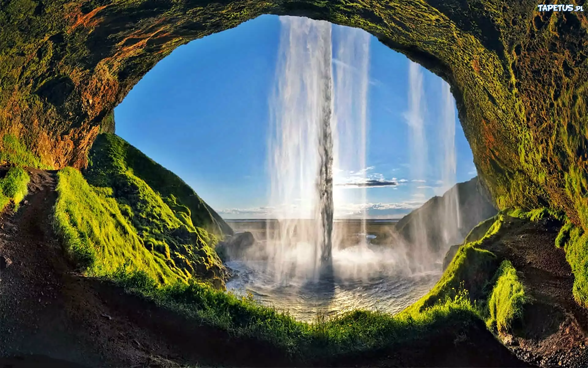 Wodospad, Seljalandsfoss, Skały, Jaskinia, Mchy, Światło, Cień