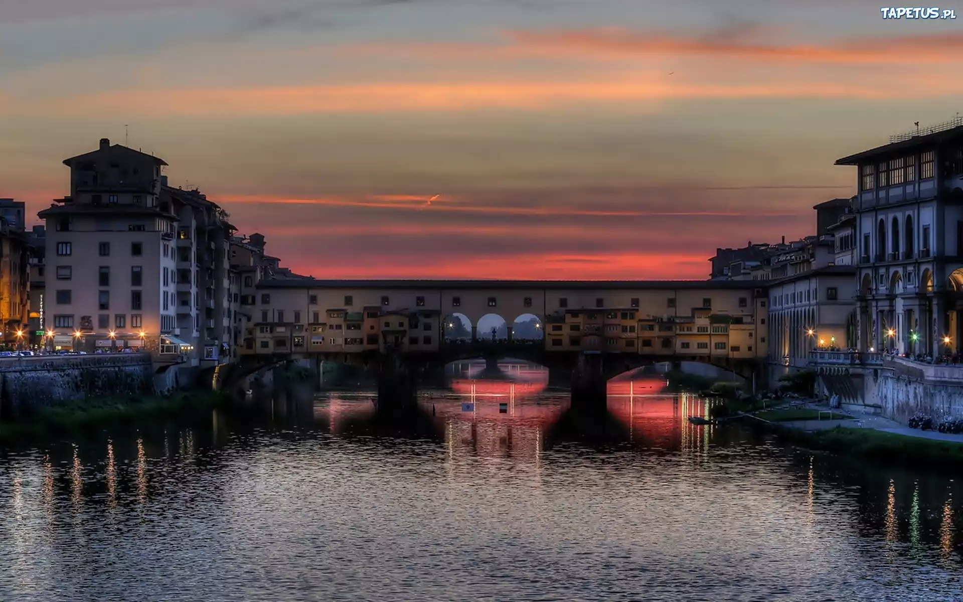 Włochy, Florencja, Most, Ponte Vecchio, Noc