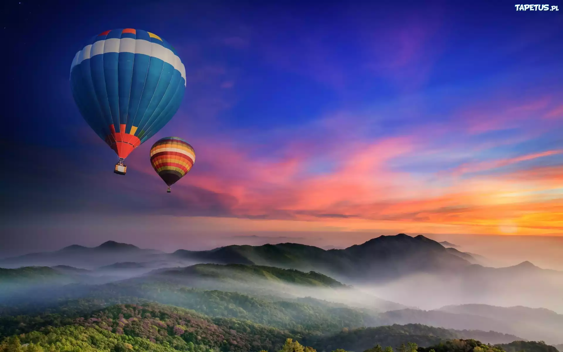 Balony, Góry, Niebo, Zachód, Słońca