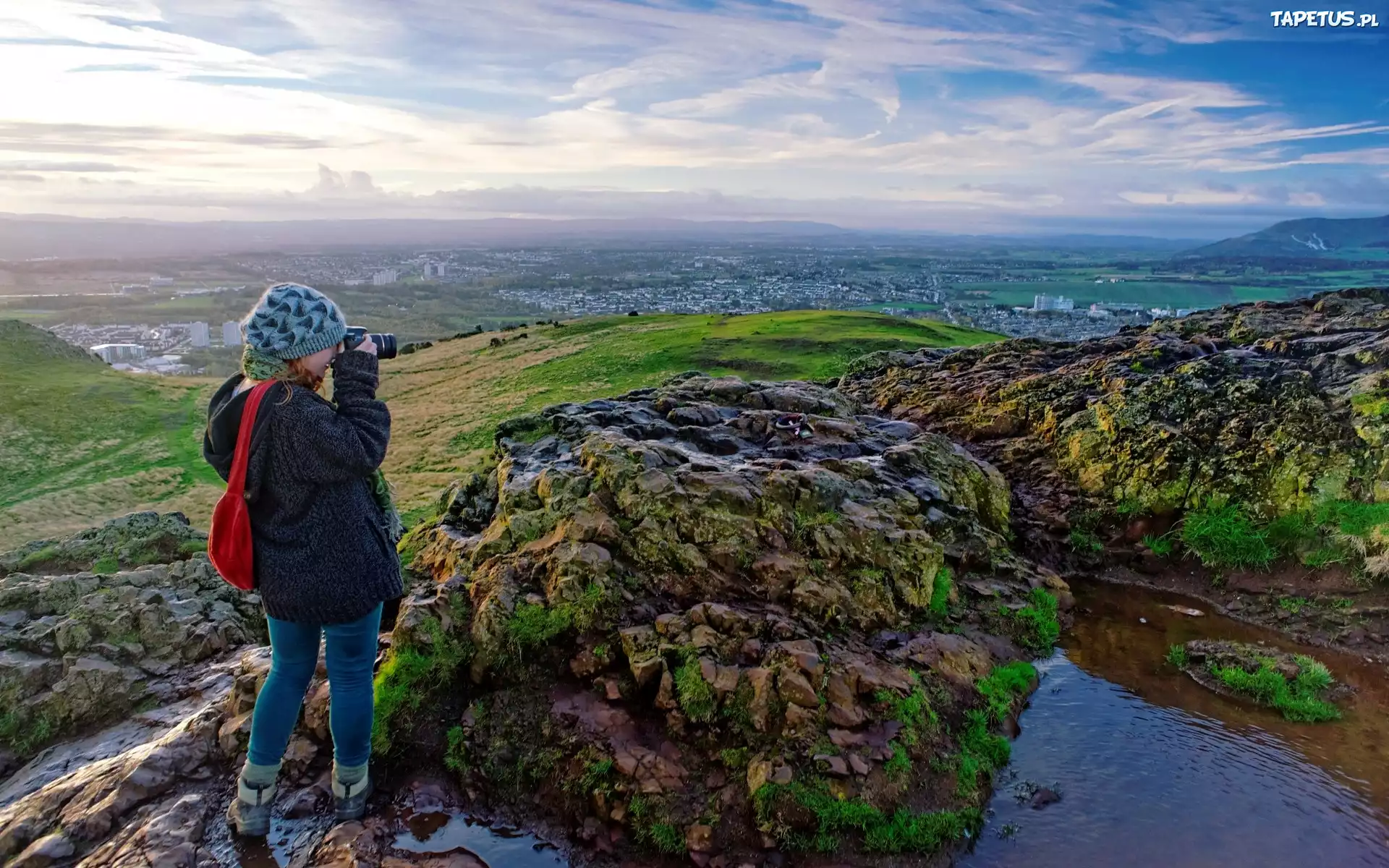 Dziewczyna, Aparat, Fotograficzny, Wzgórza, Panorama, Miasta