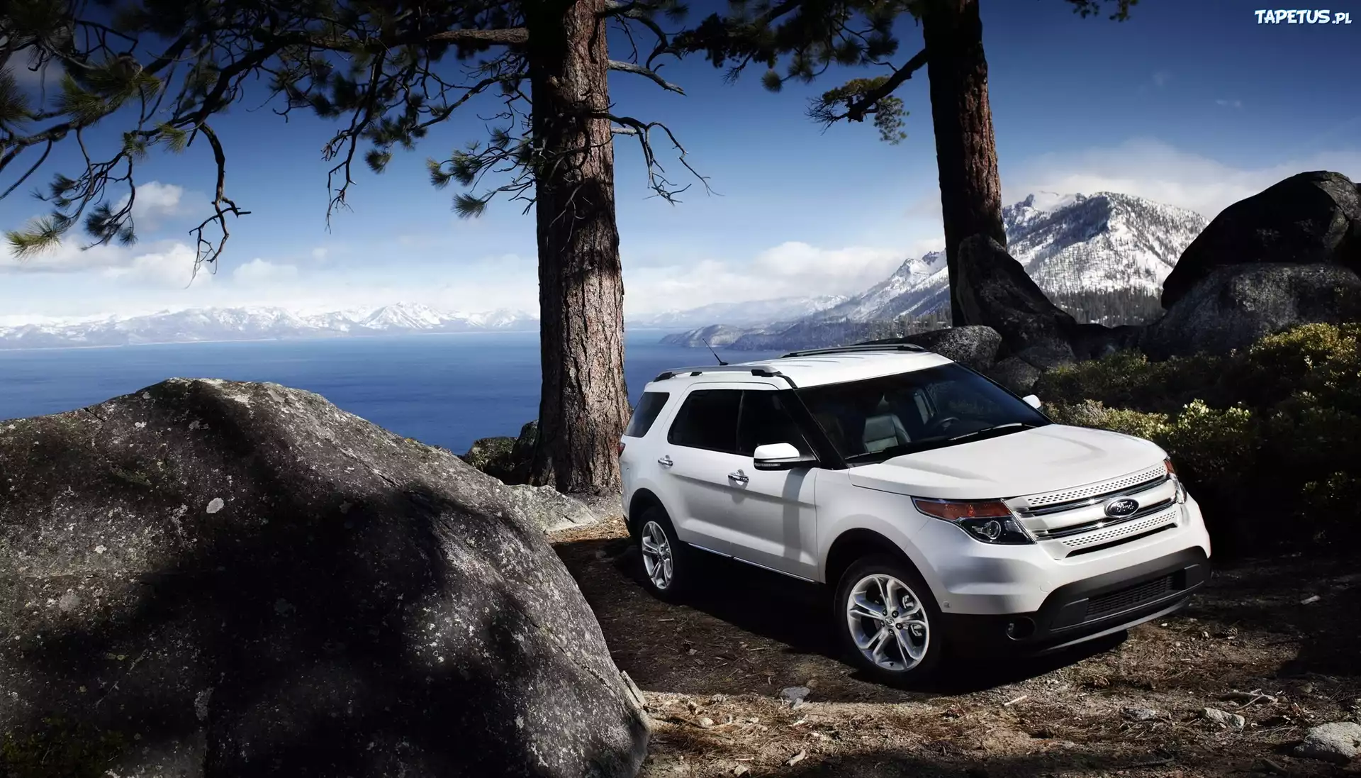 Góry, Jezioro, Kamienie, Biały Ford 2011 Explorer