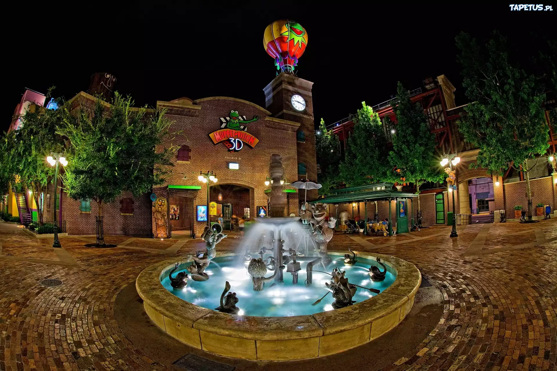 Fontanna, Miasto, Noc, HDR, Disneyland, Kalifornia, USA