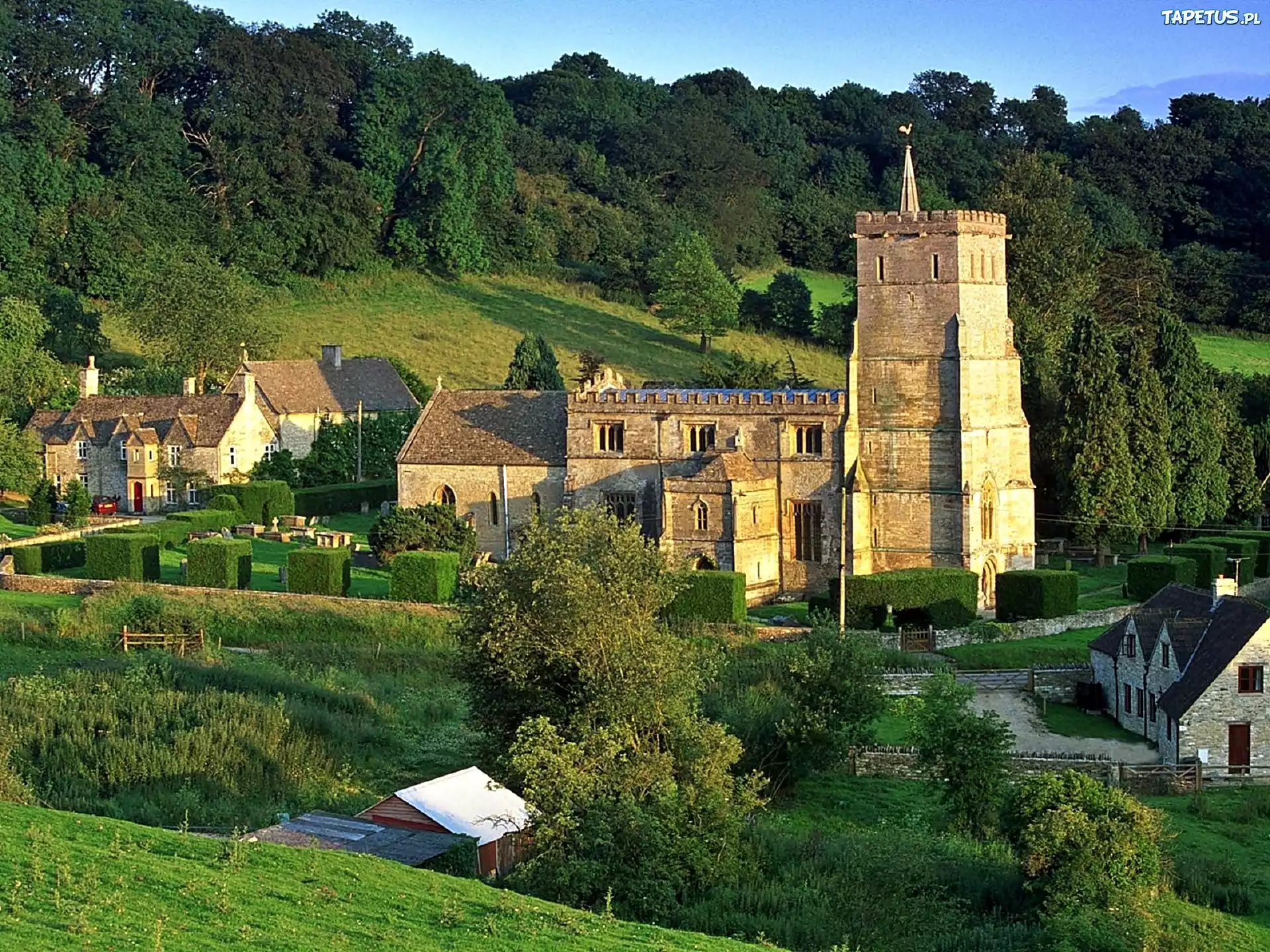 Wzgórza, Cotswolds Hills, Lasy, Kościół, Domy, Przebijające, Światło
