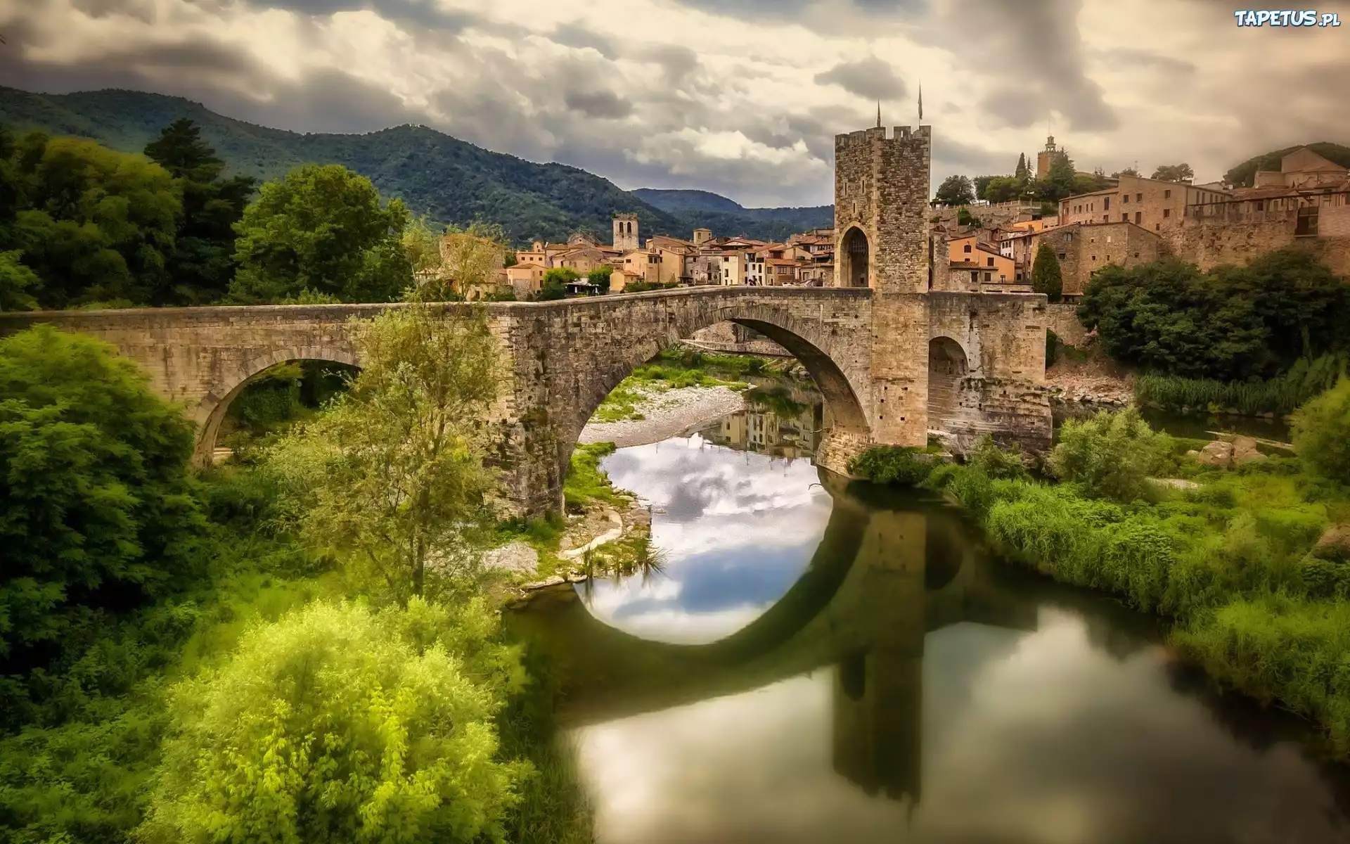 Besalu, Hiszpania, Most, Rzeka, Krzewy