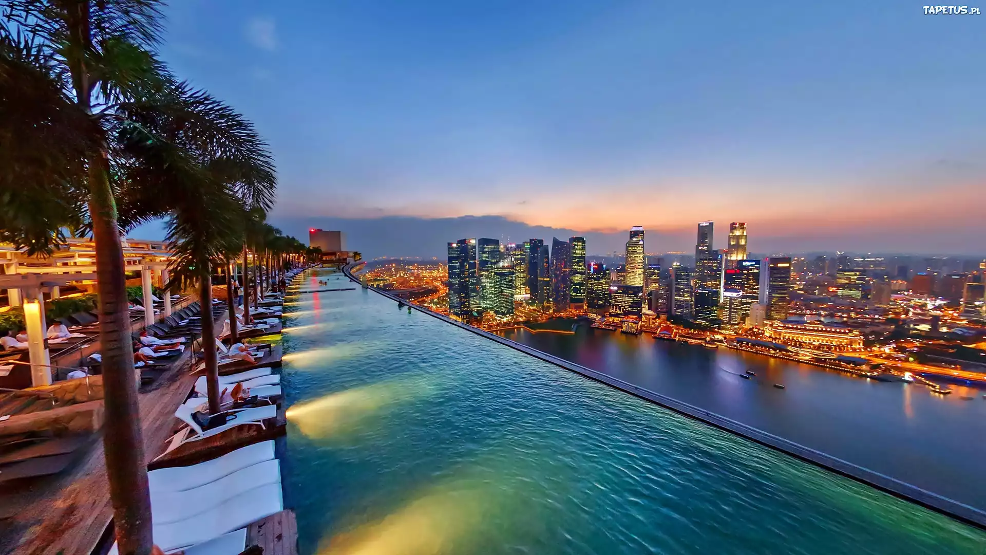 Basen, Na Dachu, Marina, Bay, Stands, Hotel, Panorama, Singapuru, Nocą