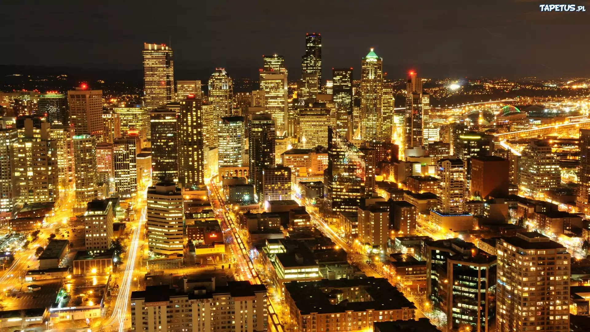 USA, Stan, Waszyngton, Seattle, Miasto, Noc, Wieżowce, Budynki