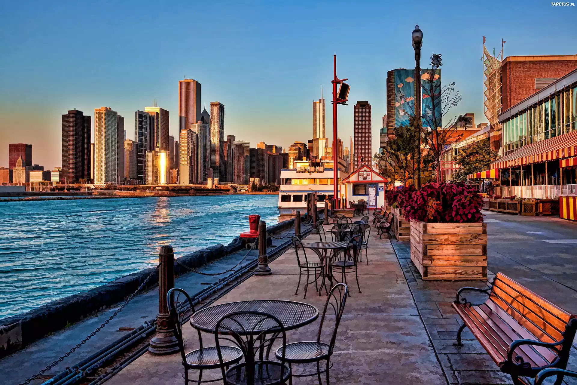 Wieżowce, Bulwar, Stoliki, Chicago, USA