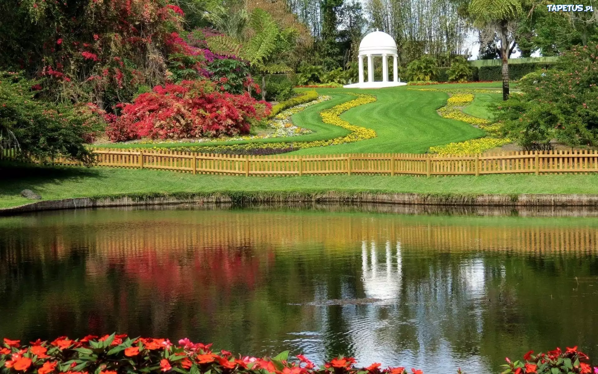 Park, Altanka, Rzeka, Kwiaty, Kwitnące, Krzewy, Drzewa