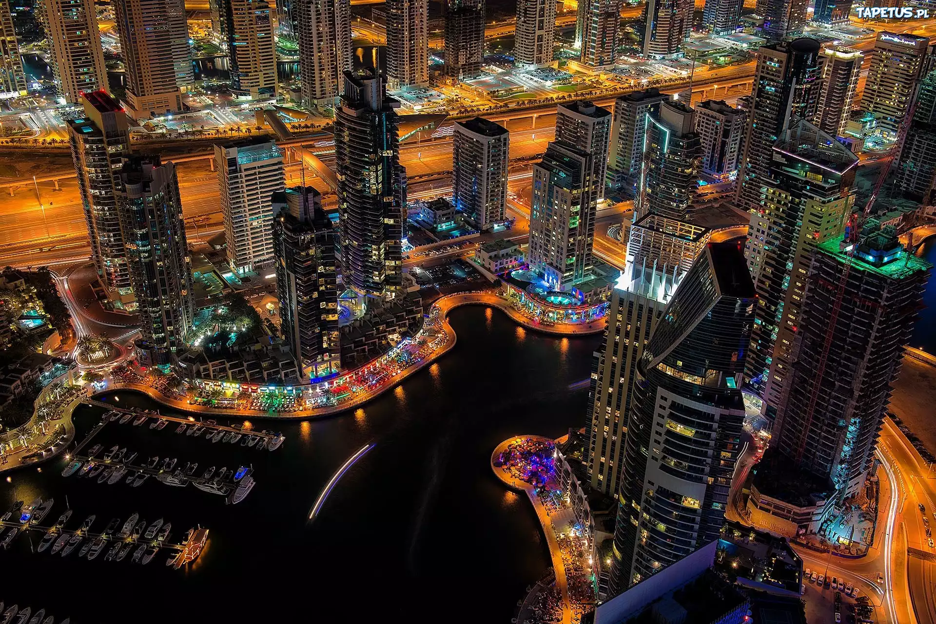 Drapacze, Chmur, Łódki, Jachty, Noc, Panorama, Miasta, Dubaj