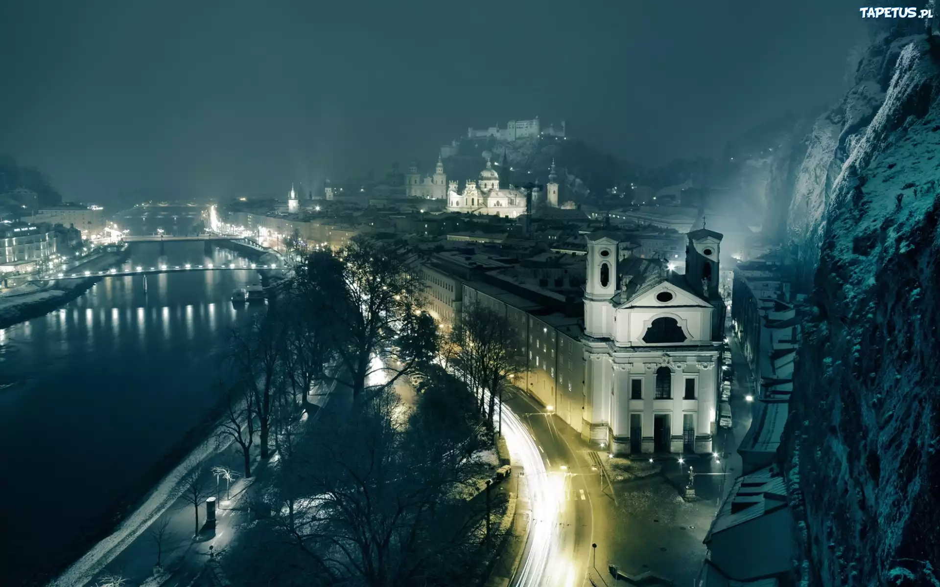 Austria, Salzburg, Miasto, Noc, Mgła