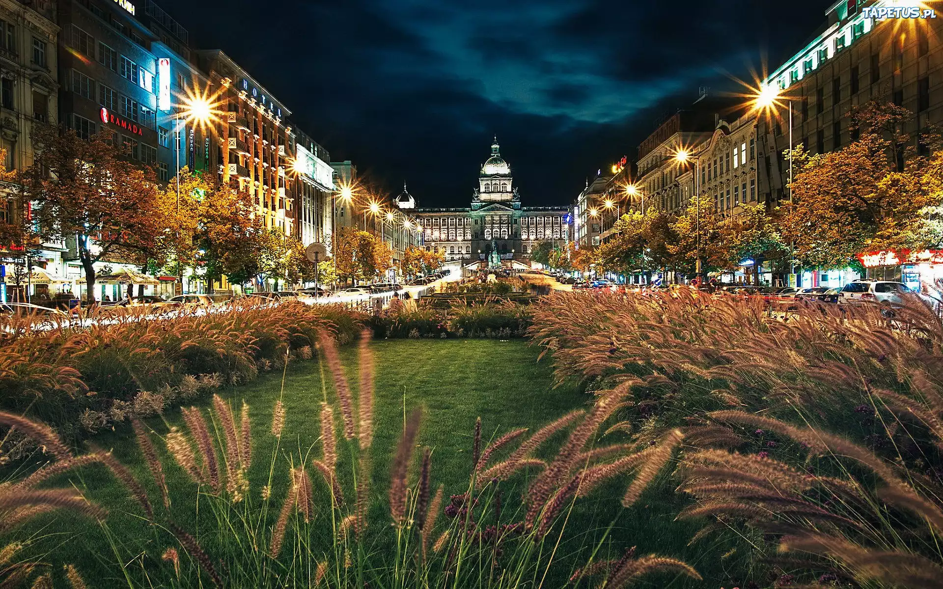 Czechy, Praga, Plac Wacława, Budynek, Muzeum, Ulica, Miasto nocą