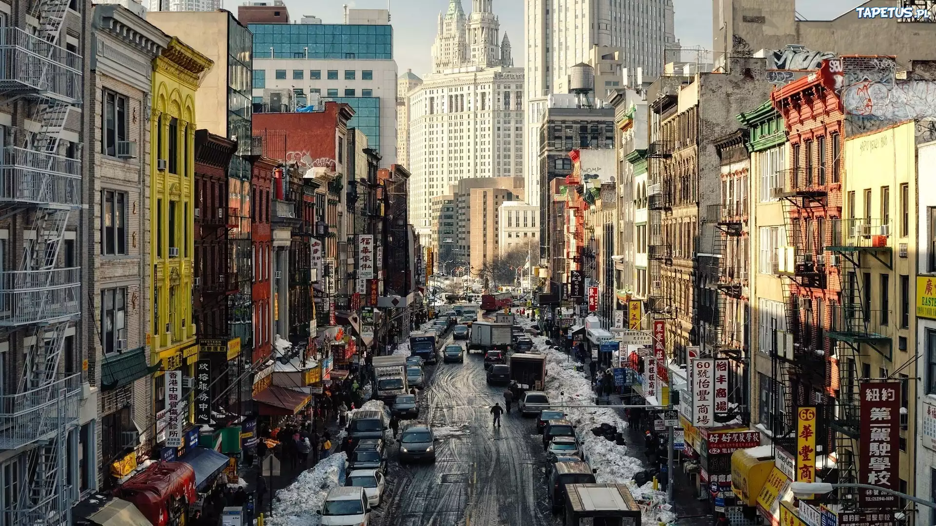 Stany Zjednoczone, Nowy Jork, Chinatown, Domy, Ludzie, Samochody