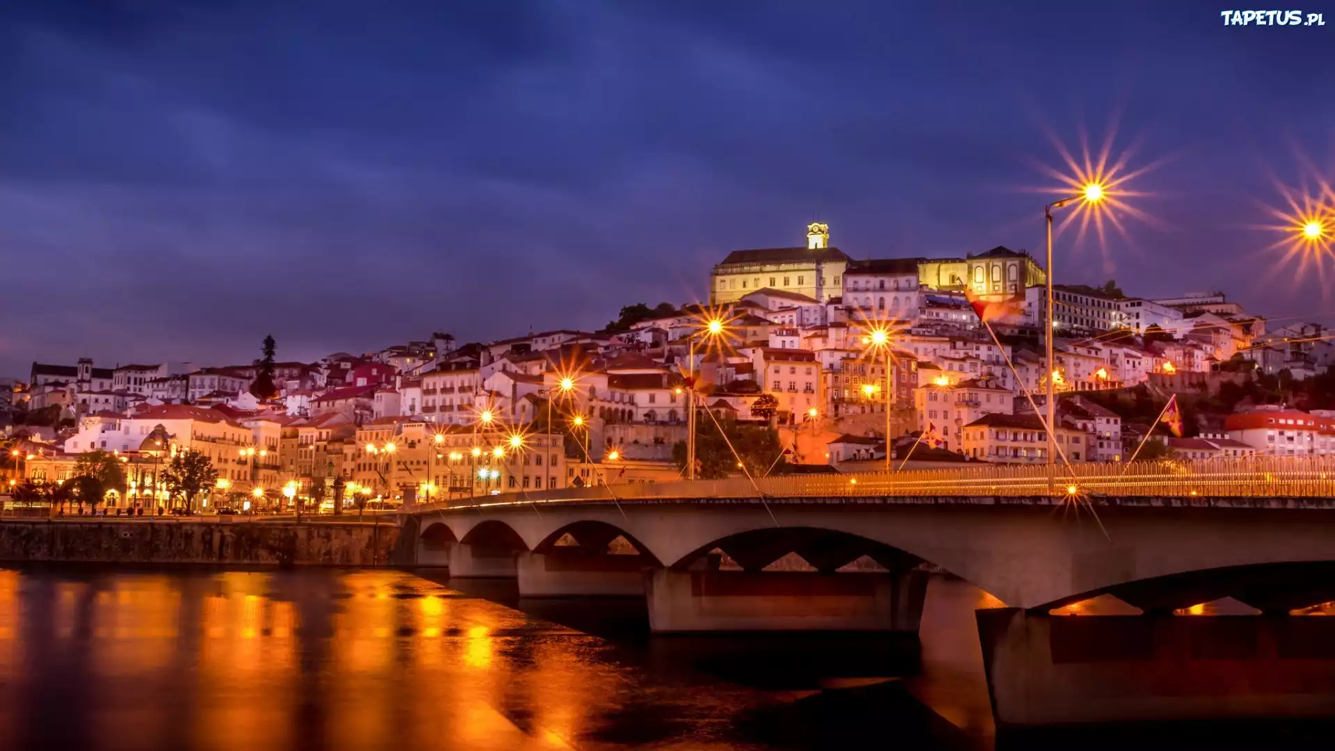 Portugalia, Coimbra, Miasto, Noc, Most, Rzeka