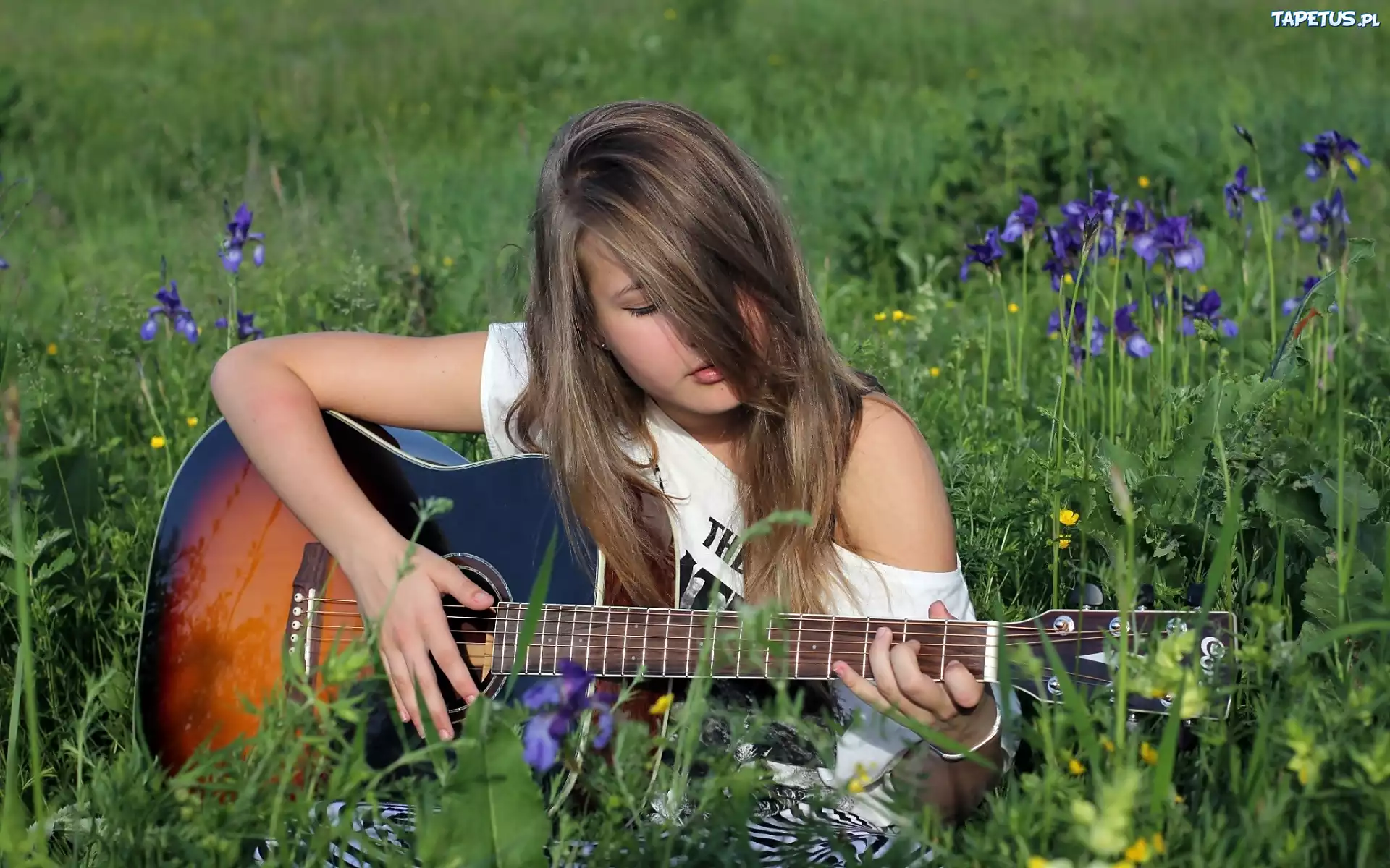 Łąka, Trawa, Kwiaty, Dziewczyna, Gitara