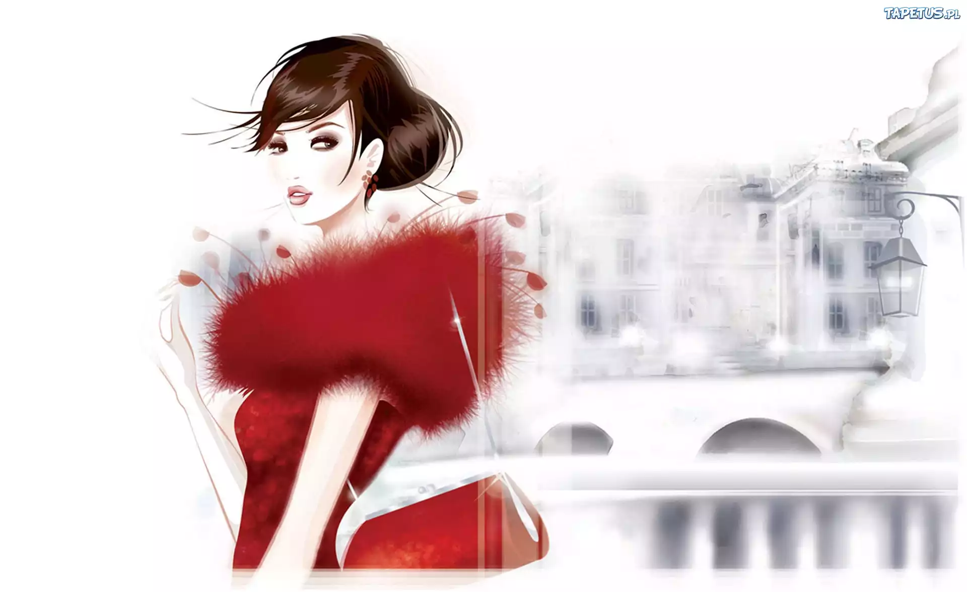 Grafika, 2D, Brunetka, Czerwona, Sukienka, Torebka