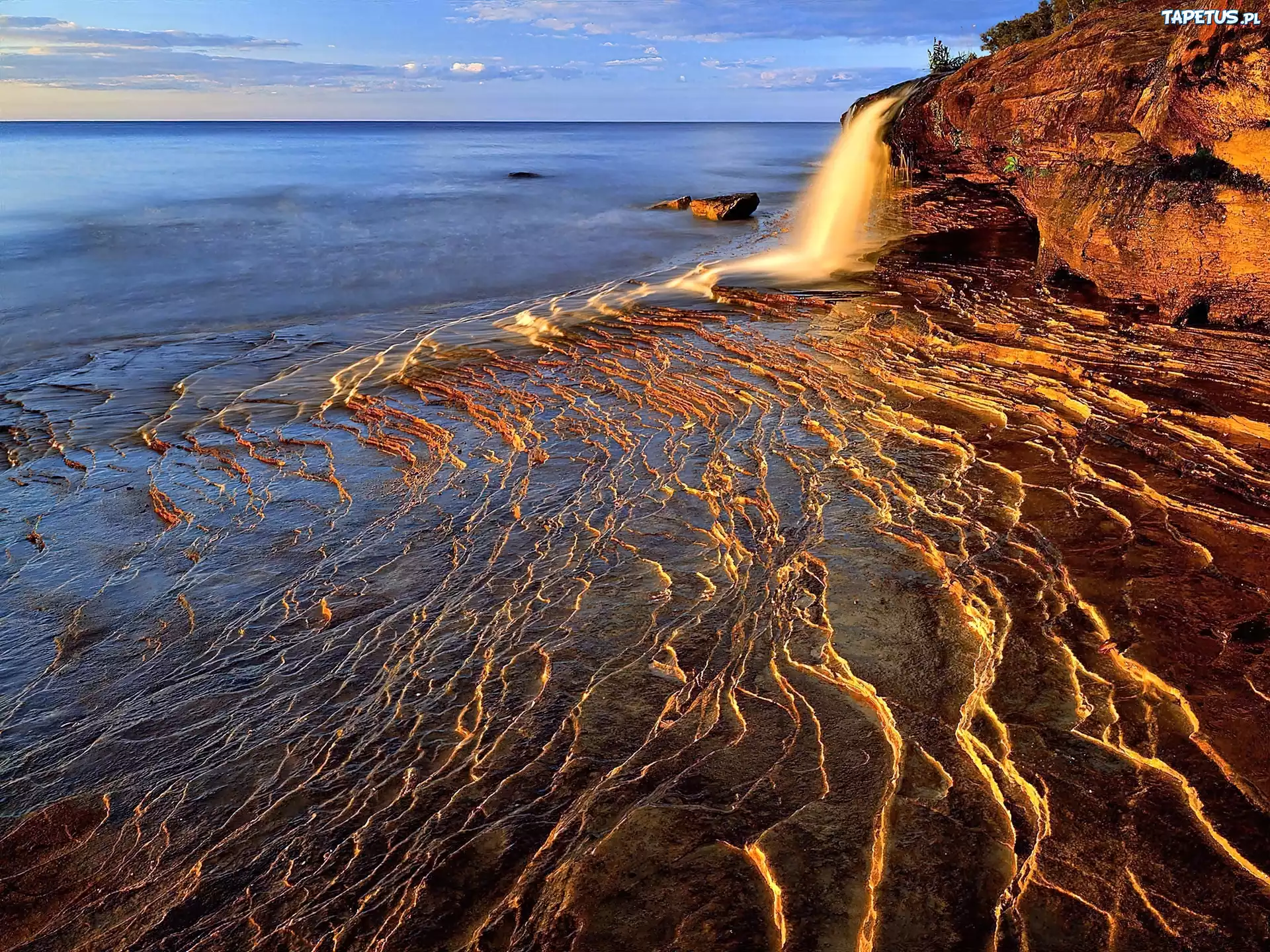 Jezioro, Górne, Skały, Wodospad, Zachód, Słońca, Michigan