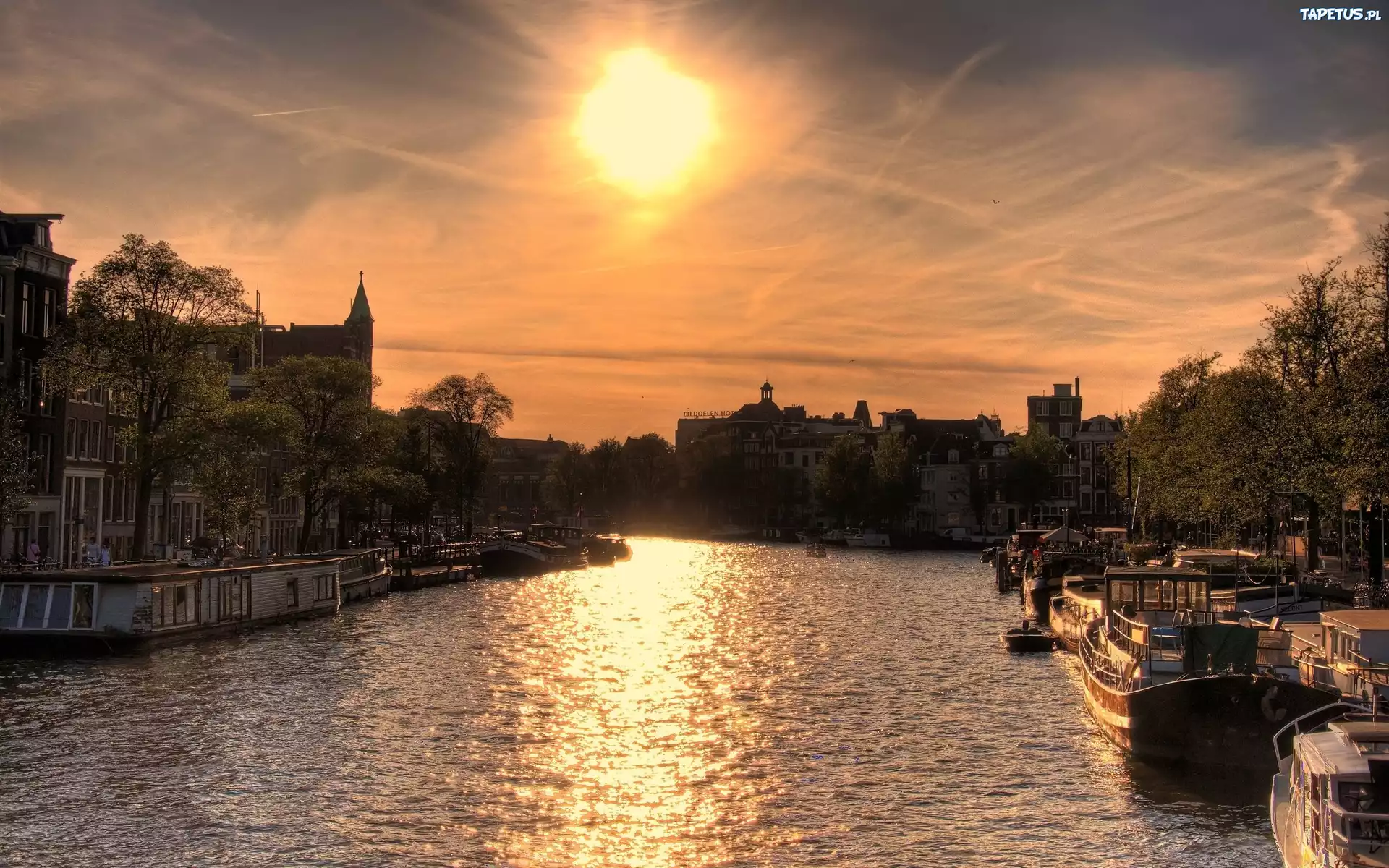 Amsterdam, Zachód, Słońca, Kanał, Kamienice