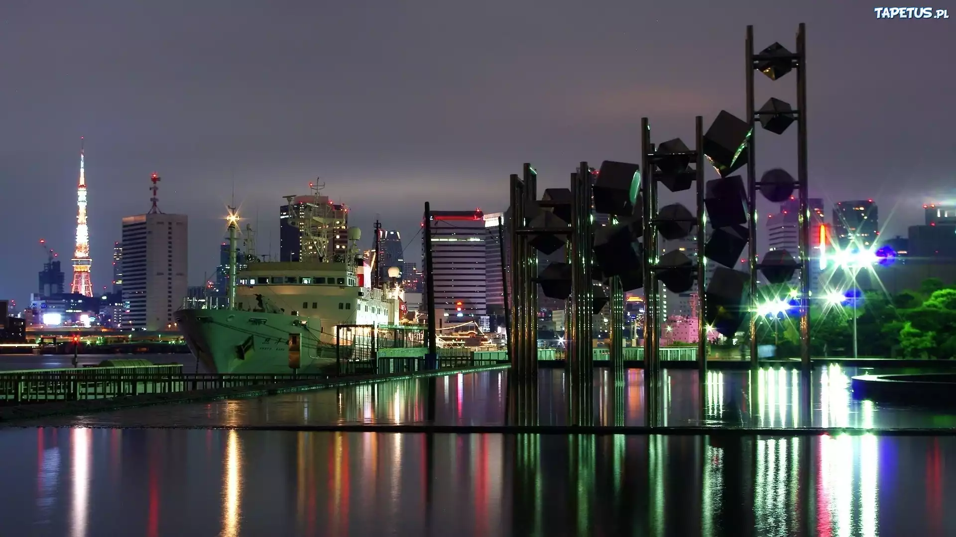 Tokio, Miasto, Nocą, Statek