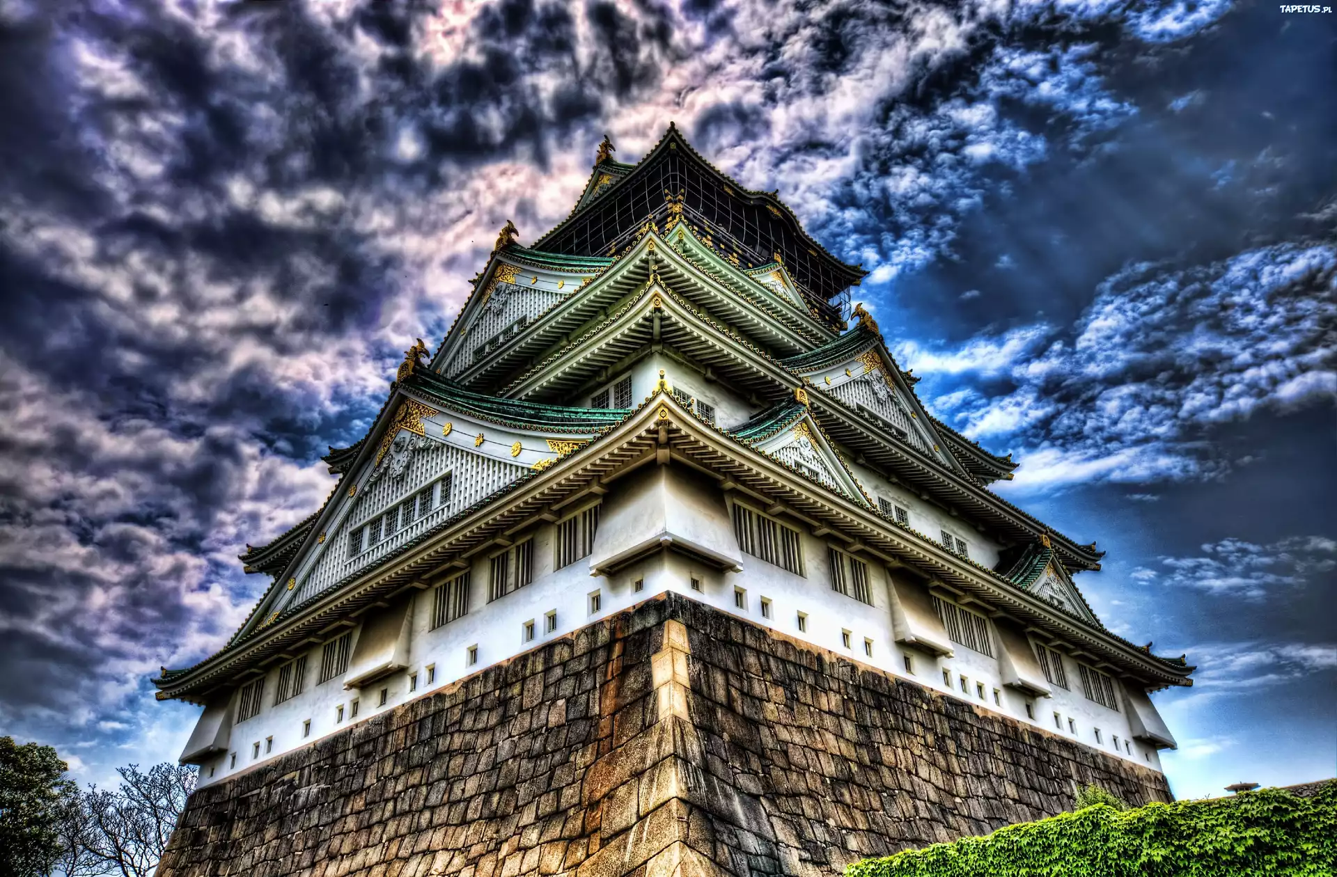 zamek, Osaka, Japonia, chmury