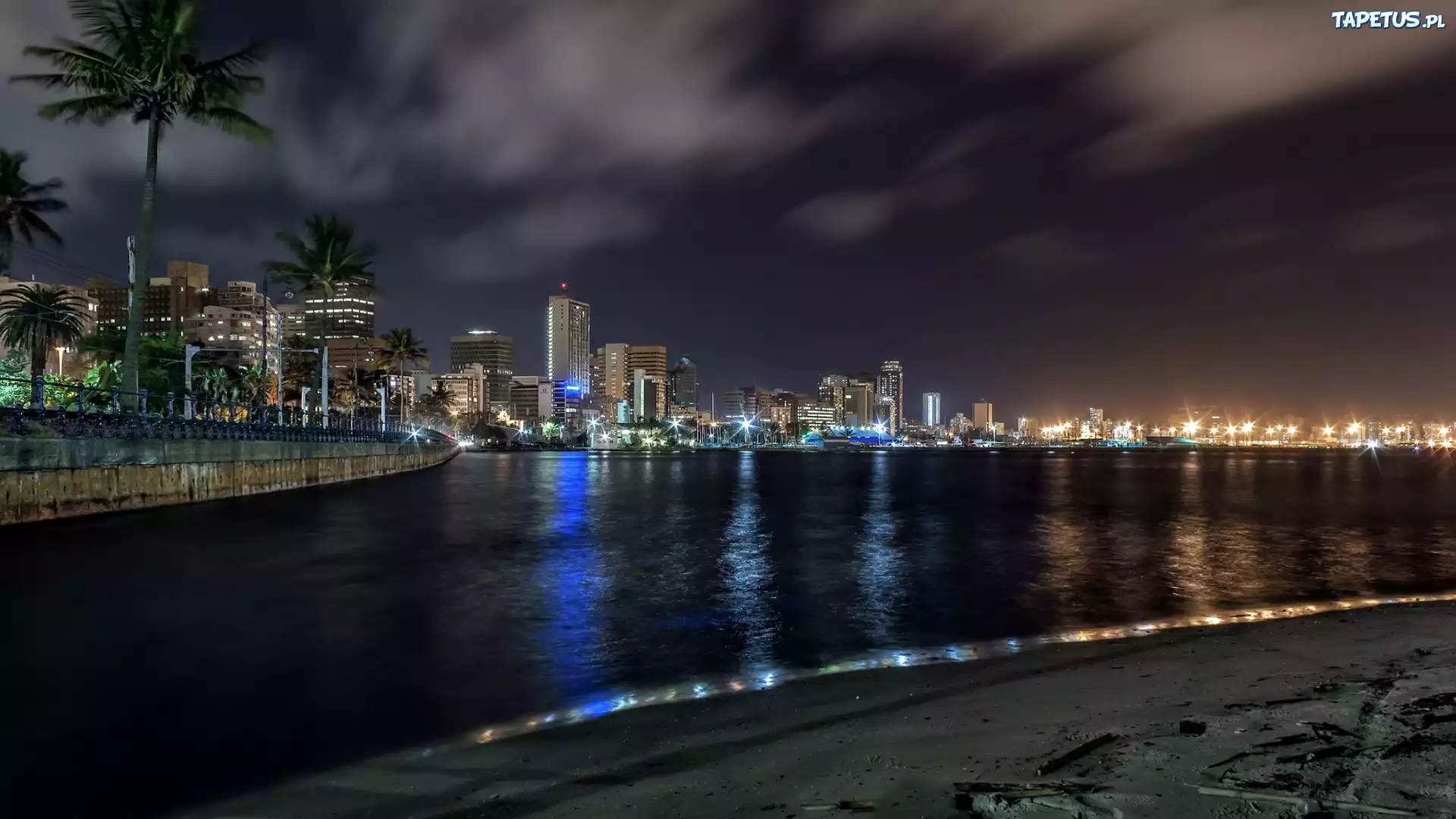 Republika Południowej Afryki, Durban, Miasto, Noc, Palmy, Ocean